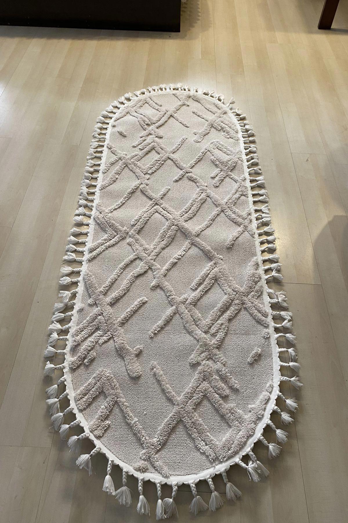 Eko Halı Terazzo TRZ03 Krem 10 mm Polyester Silinebilir Yıkanabilir Orta Kaymaz Oval Makine Dokuma Oturma Odası-Salon Halısı 80x150 cm