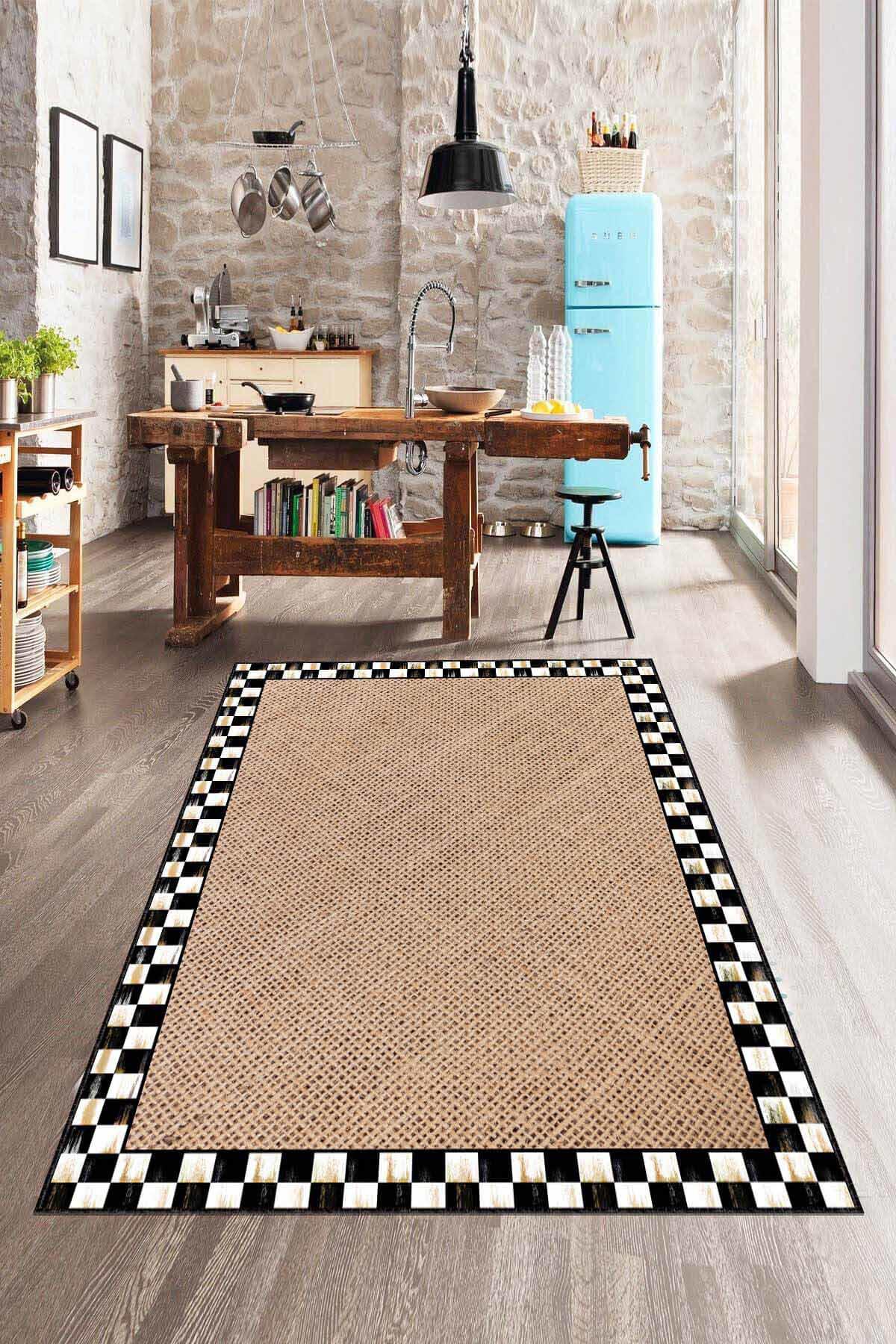Viva Home AR331B Bej 7 mm Mikropolyester Leke Tutmaz Yıkanabilir İnce Kaymaz Dot Taban Dikdörtgen Makine Dokuma Salon Halısı 80x300 cm