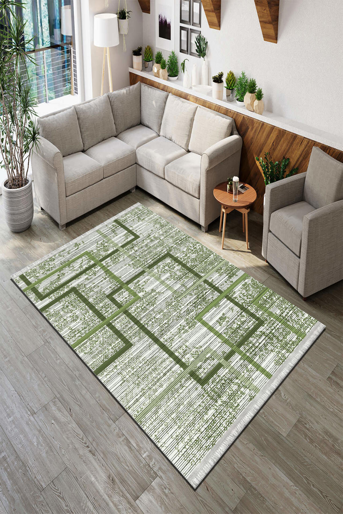 Roslyn Home Beyaz - Yeşil 6 mm Polyester Toz Tutmaz Yıkanabilir İnce Kaymaz Dot Taban Çiçek Desenli Dikdörtgen Makine Dokuma Salon Halısı