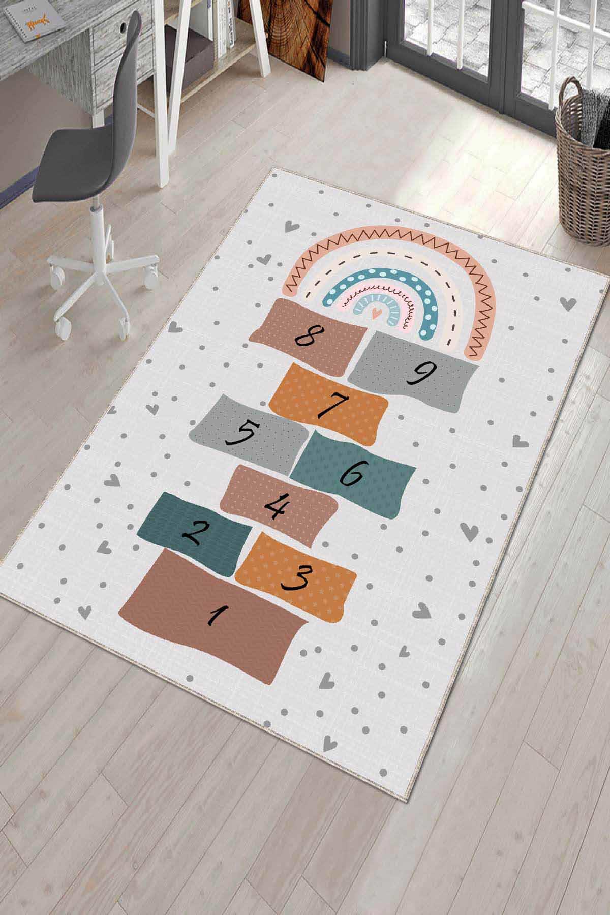 Viva Home AR581 Ekru 7 mm Mikropolyester Silinebilir Yıkanabilir Orta Kaymaz Figürlü Dikdörtgen Makine Dokuma Çocuk Odası Halısı 100x500 cm