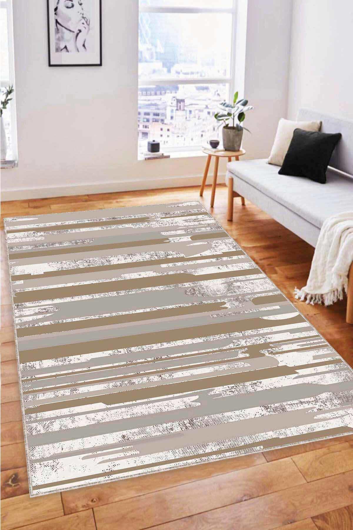 Viva Home FH09 Bej 7 mm Mikropolyester Leke Tutmaz Yıkanabilir İnce Kaymaz Dot Taban Dikdörtgen Makine Dokuma Salon Halısı 160x300 cm