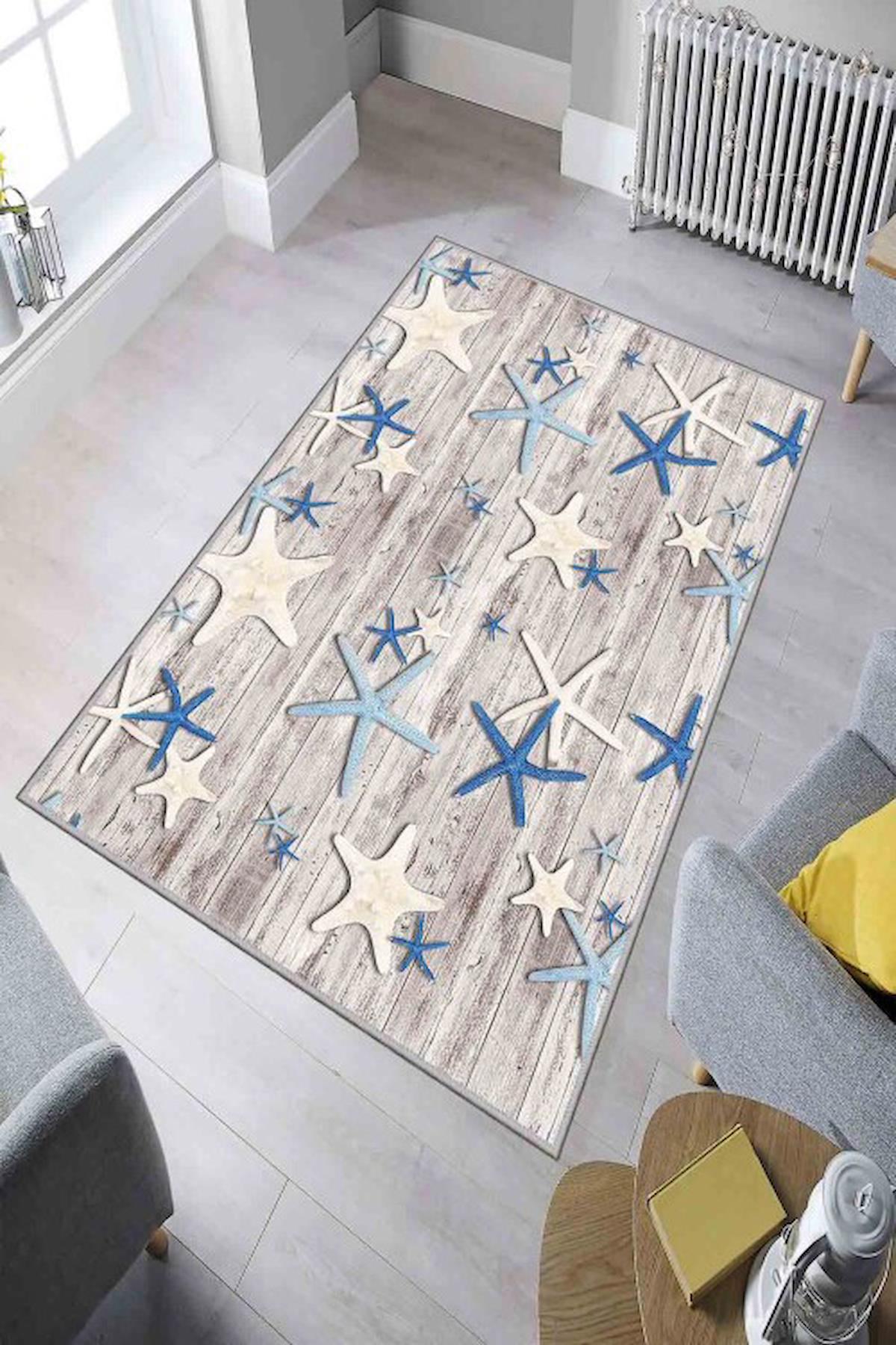 Homefesto Krem 5 mm Polyester Leke Tutmaz Yıkanabilir İnce Kaymaz Taban Yıldızlı Dikdörtgen Makine Dokuma Salon Halısı 200x300 cm