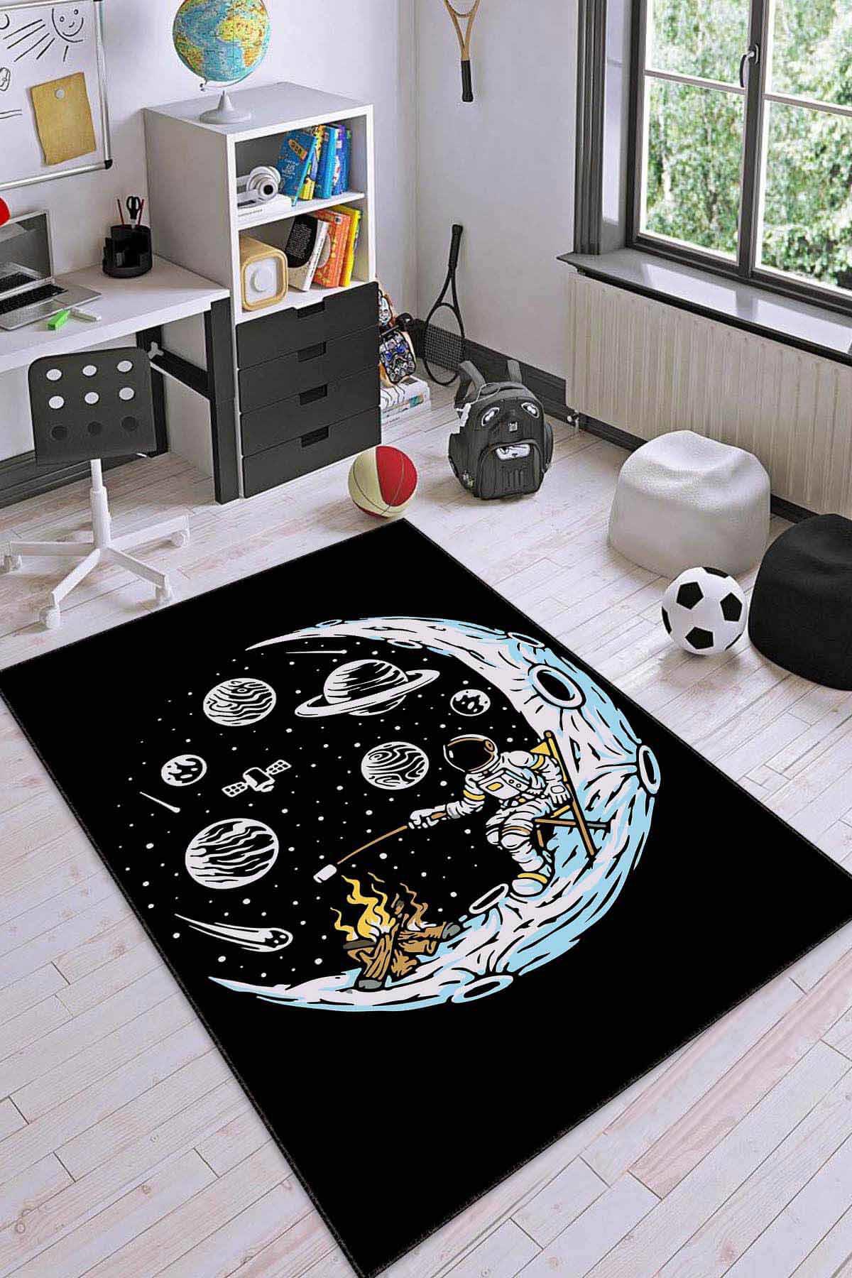 Viva Home AR1157 Siyah 7 mm Mikropolyester Antibakteriyel Yıkanabilir İnce Kaymaz Lateks Taban Dikdörtgen Makine Dokuma Çocuk Odası Halısı 100x200 cm