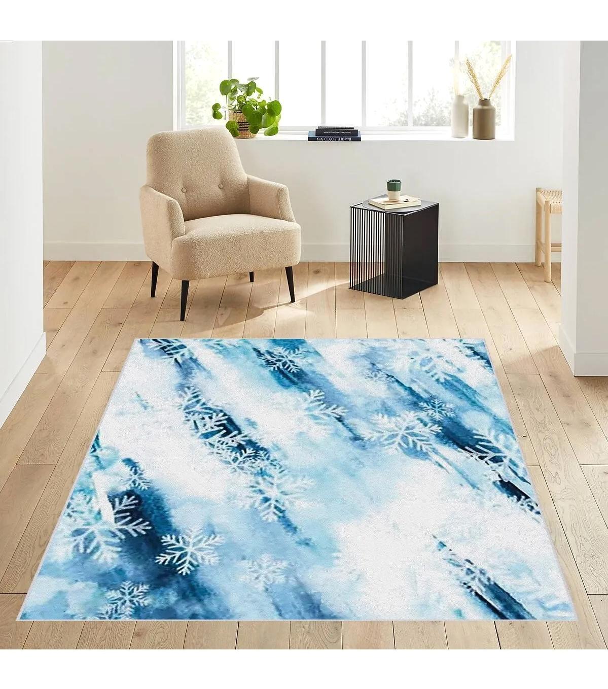 Rovigo Home RVG1876-SM191 Beyaz-Mavi 8 mm Polyester Leke Tutmaz-Toz Tutmaz Yıkanabilir İnce Kaymaz Dot Taban Dikdörtgen Makine Dokuma Salon Halısı 100x300 cm