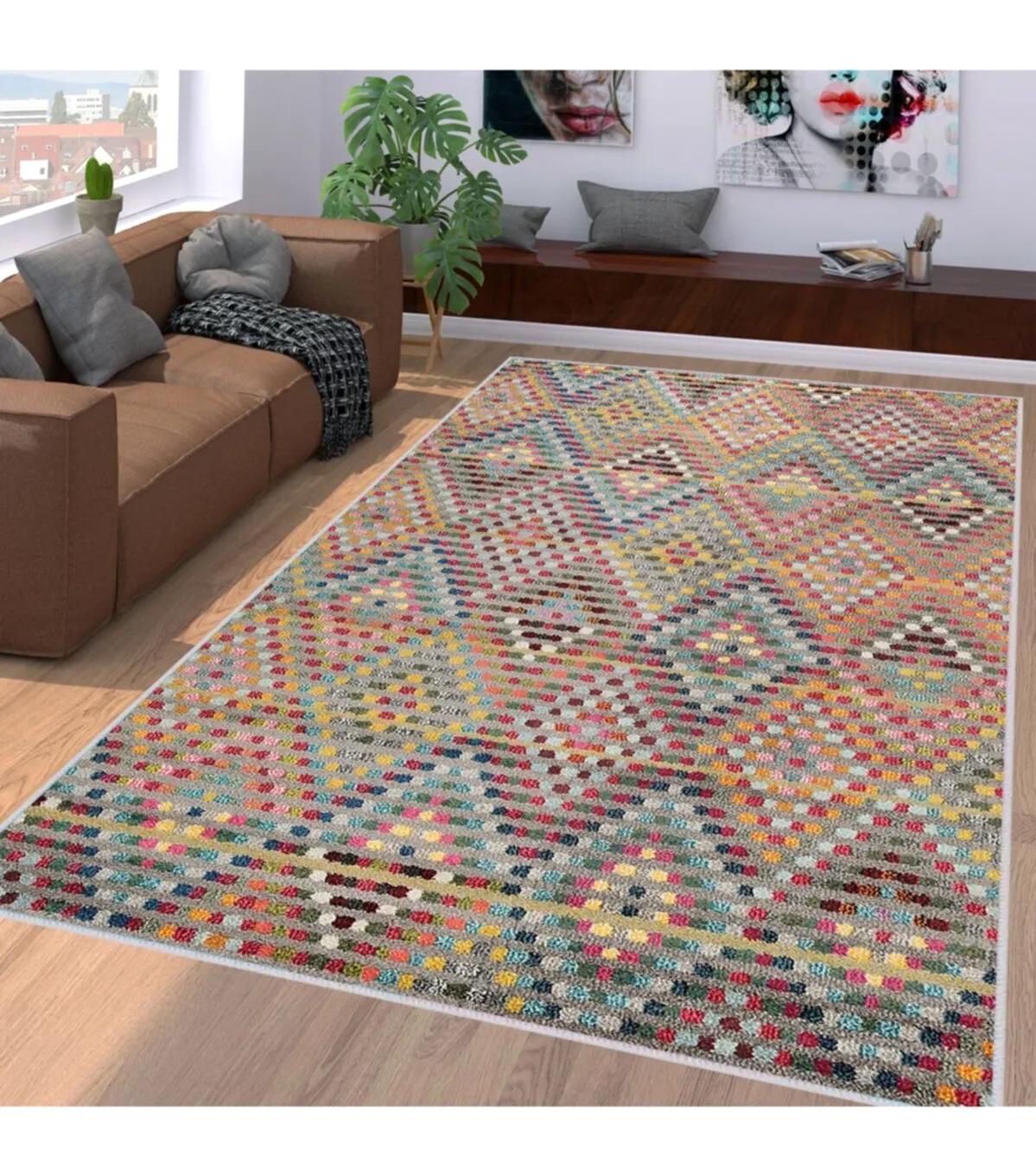 Rovigo Home RVG1110 Çok Renkli 8 mm Polyester Antibakteriyel-Leke Tutmaz-Toz Tutmaz Yıkanabilir İnce Kaymaz Dot Taban Dikdörtgen Makine Dokuma Salon Halısı 80x150 cm