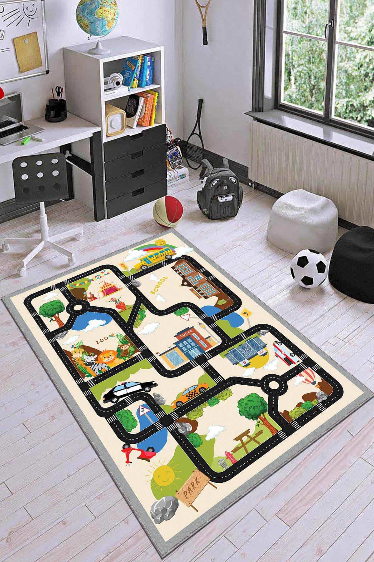 Viva Home AR747 Çok Renkli 7 mm Mikropolyester Leke Tutmaz Yıkanabilir Orta Kaymaz Dot Taban Dikdörtgen Makine Dokuma Çocuk Odası Halısı 80x150 cm