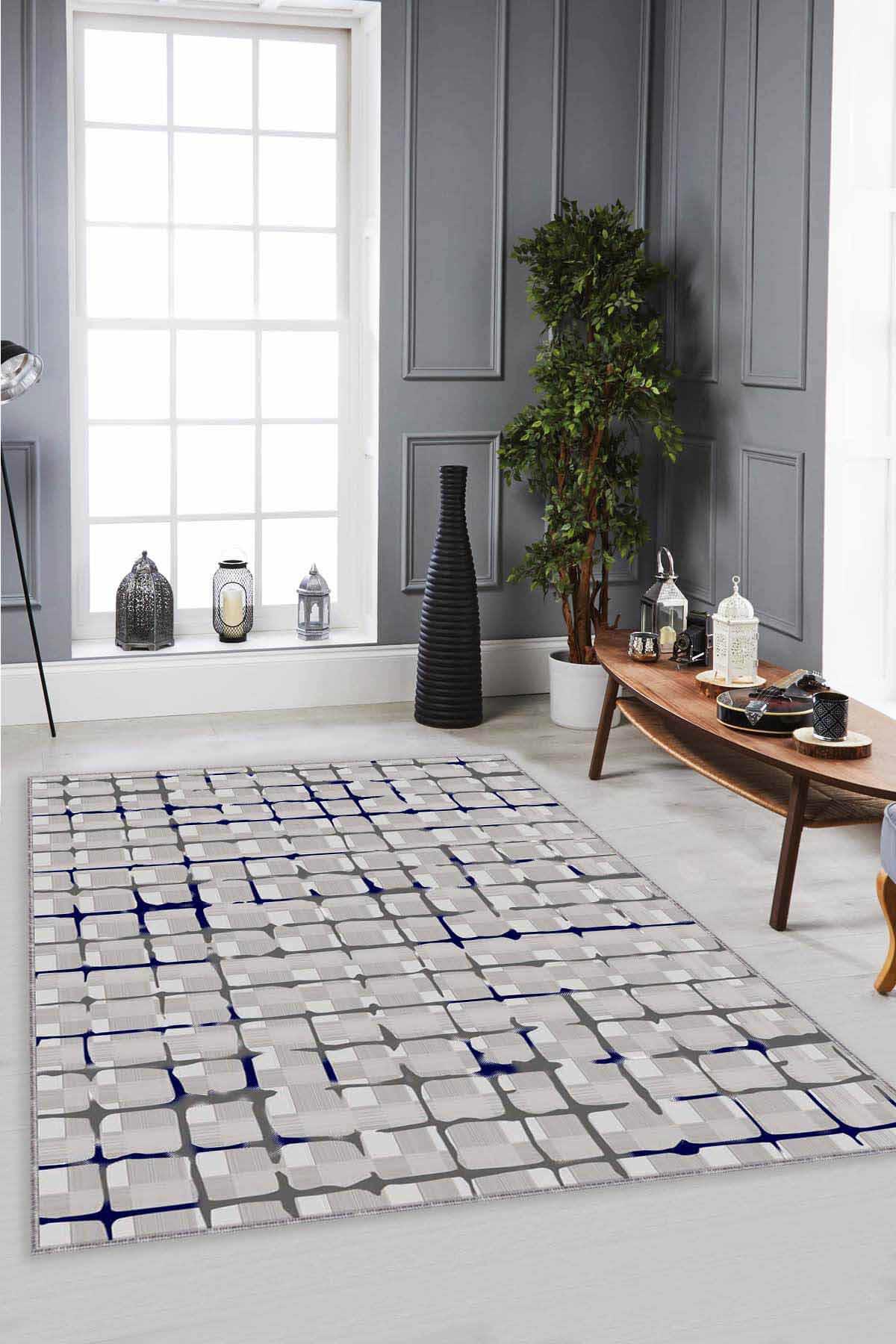 Viva Home FV003 Lacivert 7 mm Mikropolyester Antibakteriyel Yıkanabilir İnce Kaymaz Dikdörtgen Makine Dokuma Salon Halısı 80x500 cm