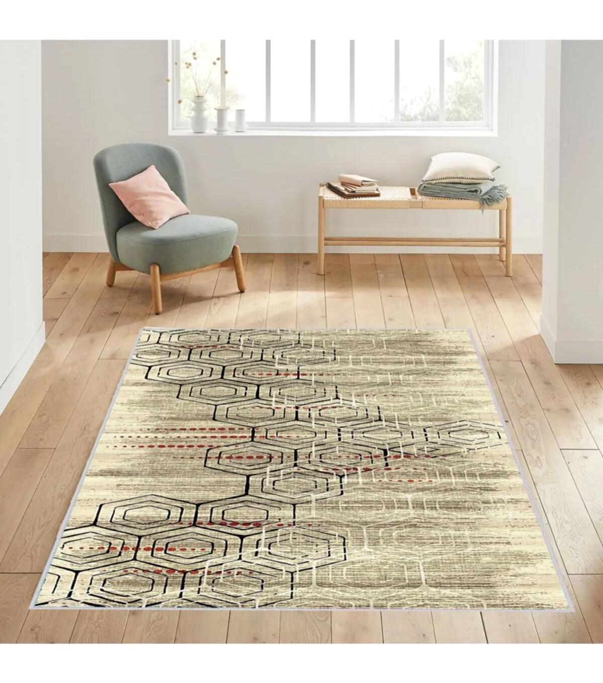 Rovigo Home RVG1039 Krem 8 mm Polyester Antibakteriyel-Leke Tutmaz-Toz Tutmaz Yıkanabilir İnce Kaymaz Dot Taban Dikdörtgen Makine Dokuma Salon Halısı 100x160 cm