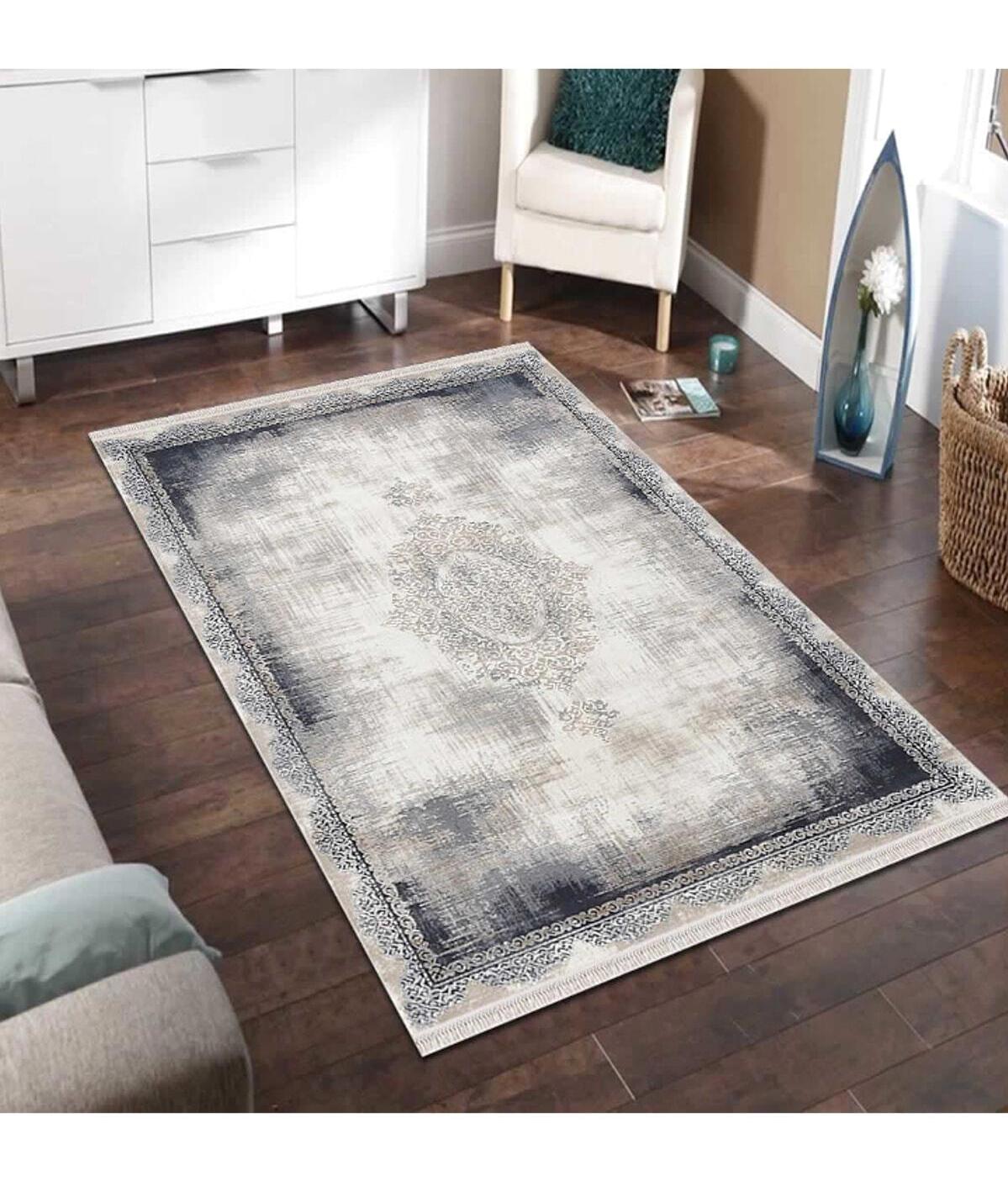 Merinos Rodin 19770 Krem 11 mm Akrilik Toz Tutmaz Yıkanabilir Kalın Kaymaz Jel Taban Soyut Temalı Dikdörtgen Makine Dokuma Salon Halısı 100x300 cm