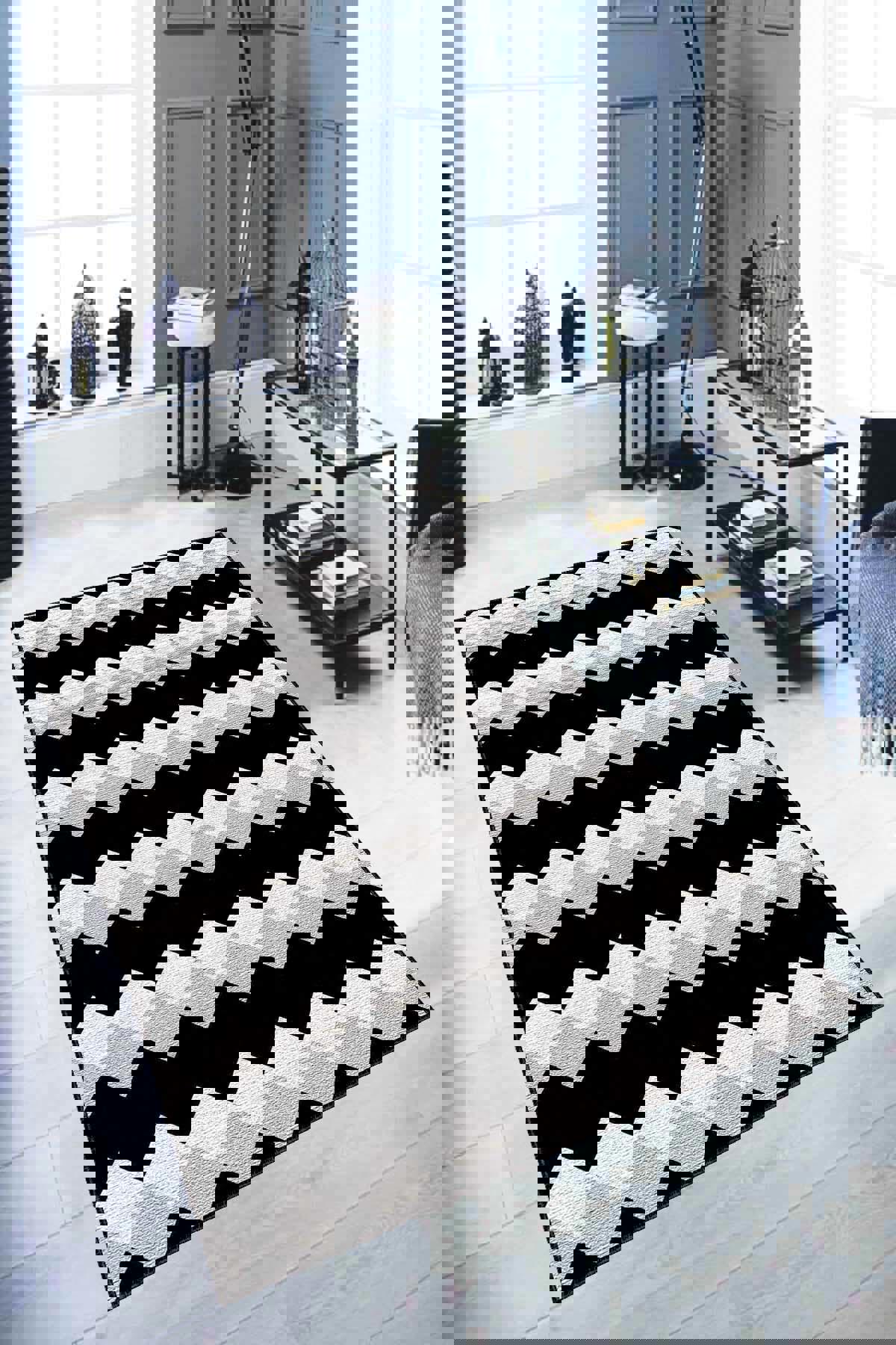Viva Home AR324 Siyah 7 mm Mikropolyester Toz Tutmaz Yıkanabilir İnce Kaymaz Lateks Taban Dikdörtgen Makine Dokuma Salon Halısı 100x300 cm