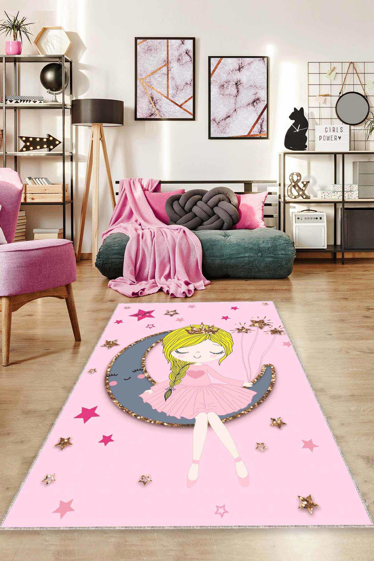 Viva Home CK050 Pembe 7 mm Mikropolyester Leke Tutmaz Yıkanabilir İnce Kaymaz Dot Taban Dikdörtgen Makine Dokuma Çocuk Odası Halısı 120x200 cm