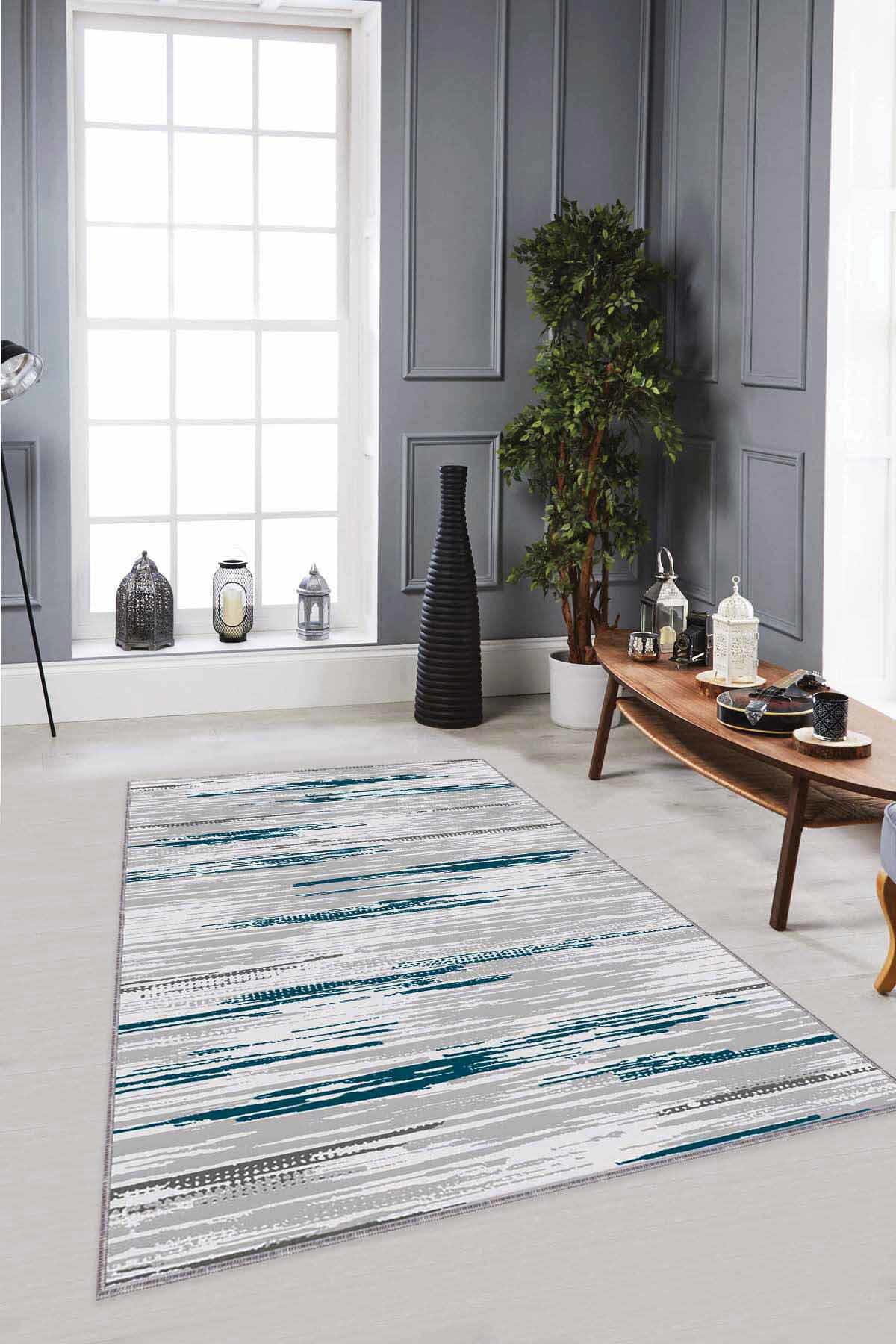 Viva Home TA09 Çok Renkli 7 mm Mikropolyester Leke Tutmaz-Yalıtıma Yardımcı Yıkanabilir İnce Kaymaz Taban Dikdörtgen Makine Dokuma Salon Halısı 160x230 cm