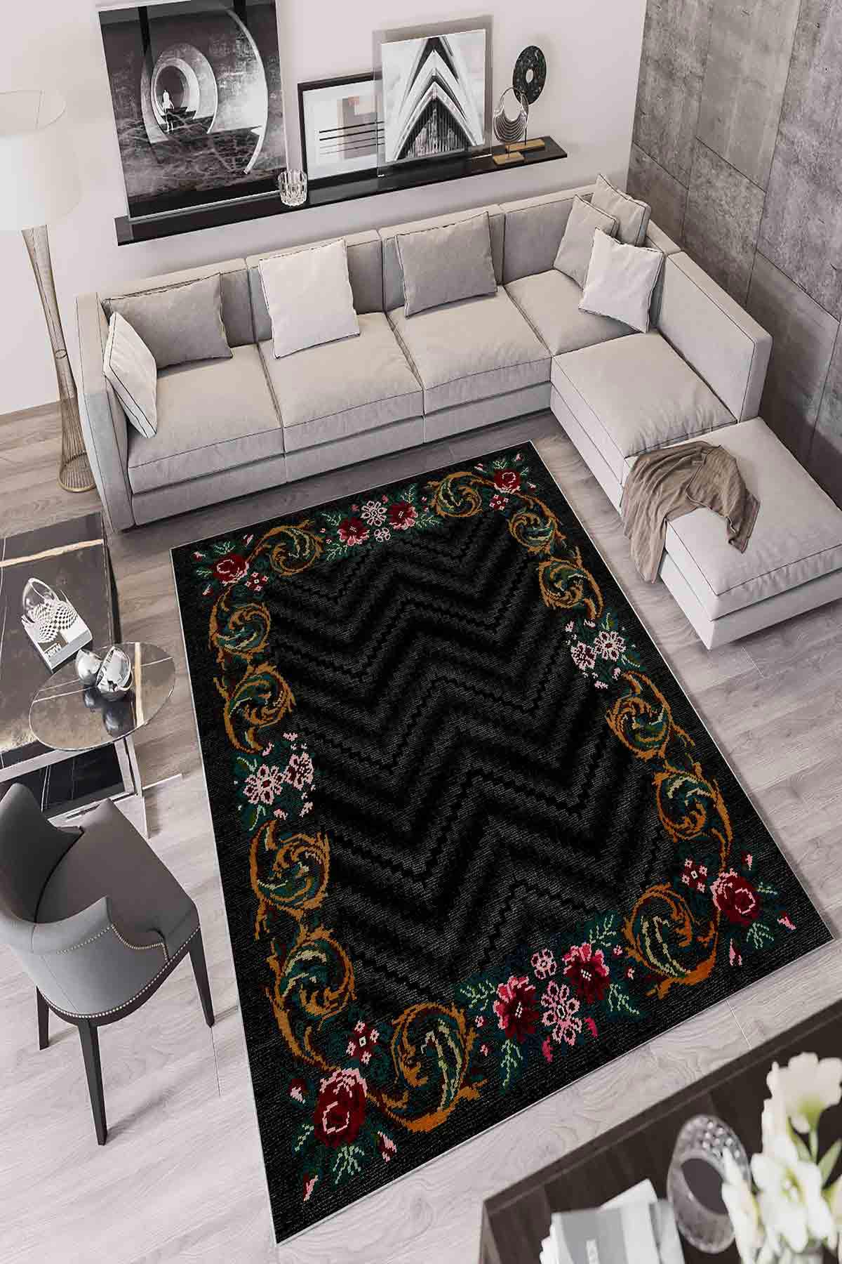 Homefesto Krem 5 mm Polyester Leke Tutmaz Yıkanabilir İnce Kaymaz Taban Çiçek Desenli Dikdörtgen Makine Dokuma Salon Halısı 180x280 cm