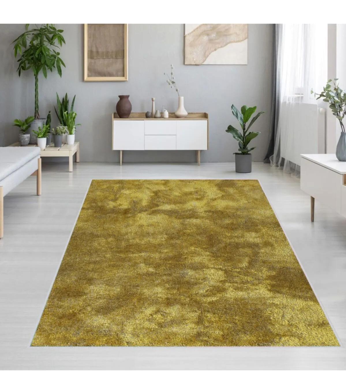 Rovigo Home RVG1191 Altın 8 mm Polyester Leke Tutmaz-Toz Tutmaz Yıkanabilir İnce Kaymaz Dot Taban Dikdörtgen Makine Dokuma Salon Halısı 100x300 cm