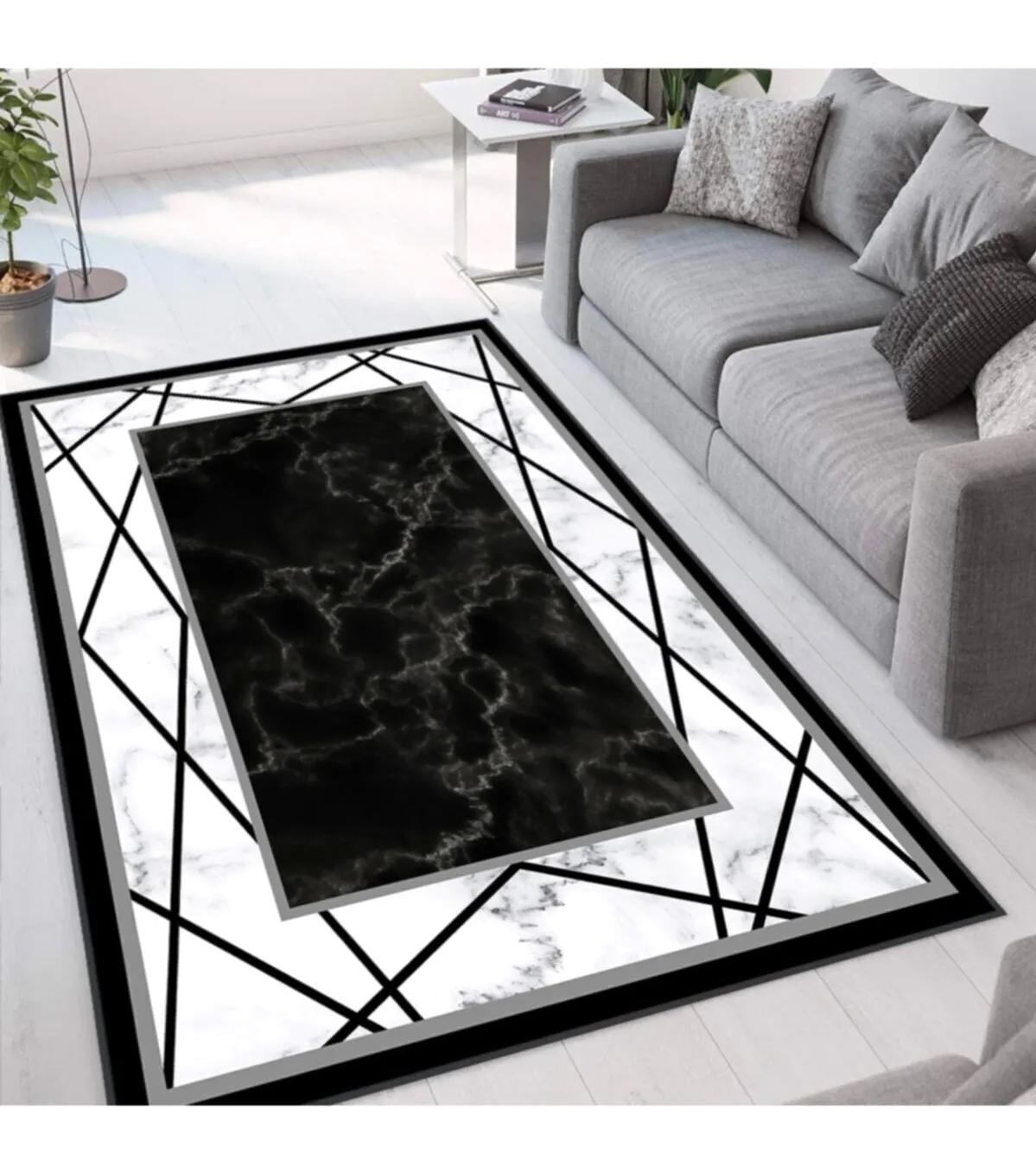 Rovigo Home RVG1299 Beyaz - Siyah 8 mm Polyester Antibakteriyel-Leke Tutmaz-Toz Tutmaz Yıkanabilir İnce Kaymaz Dot Taban Dikdörtgen Makine Dokuma Salon Halısı 100x300 cm