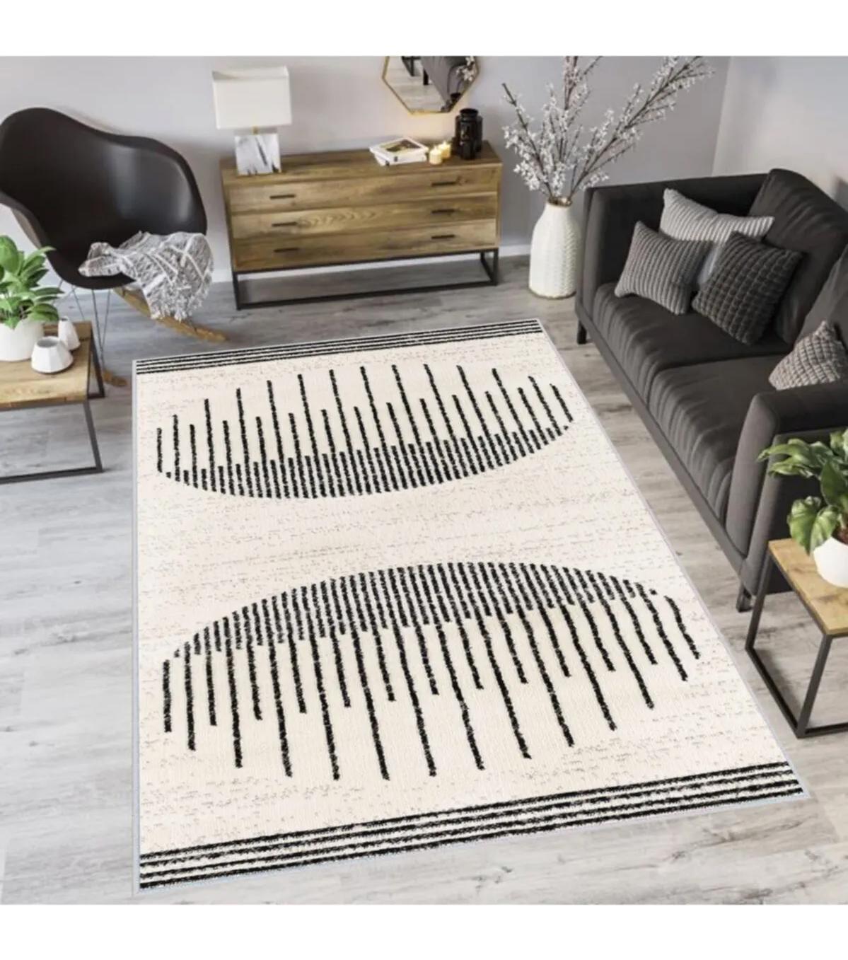 Rovigo Home RVG1138 Krem 8 mm Polyester Leke Tutmaz-Toz Tutmaz Yıkanabilir İnce Kaymaz Dot Taban Dikdörtgen Makine Dokuma Salon Halısı 120x180 cm