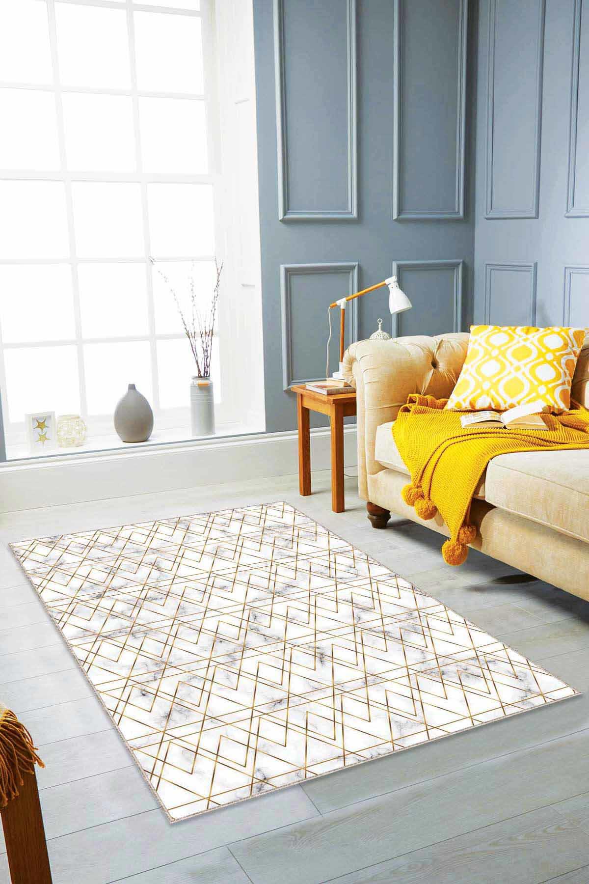 Viva Home RV022 Altın 7 mm Mikropolyester Antibakteriyel Yıkanabilir İnce Kaymaz Dot Taban Geometrik Dikdörtgen Makine Dokuma Salon Halısı 80x200 cm