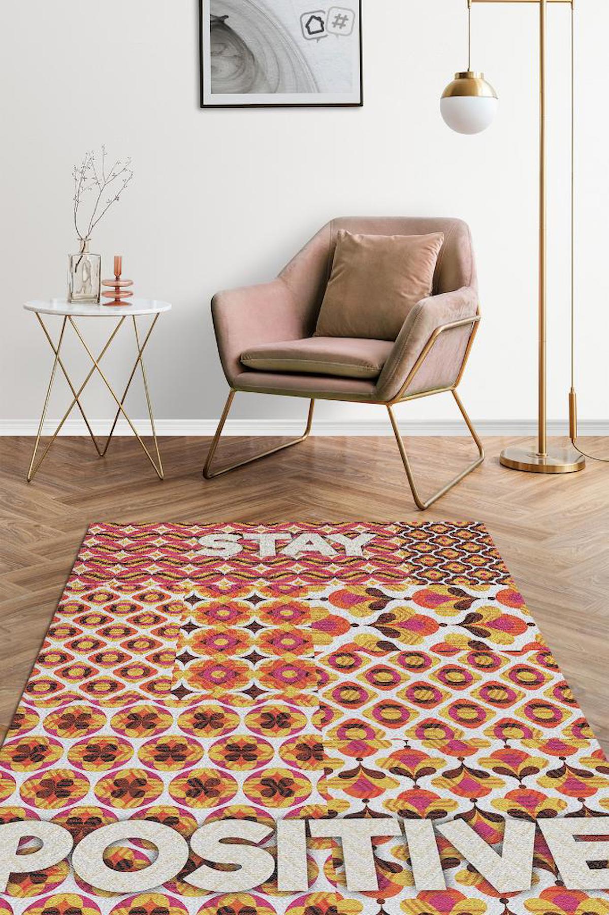 Homshtag Olumlu Ol Krem 4 mm Pamuk Antistatik Yıkanabilir İnce Kaymaz Dikdörtgen Makine Dokuma Salon Halısı 80x200 cm