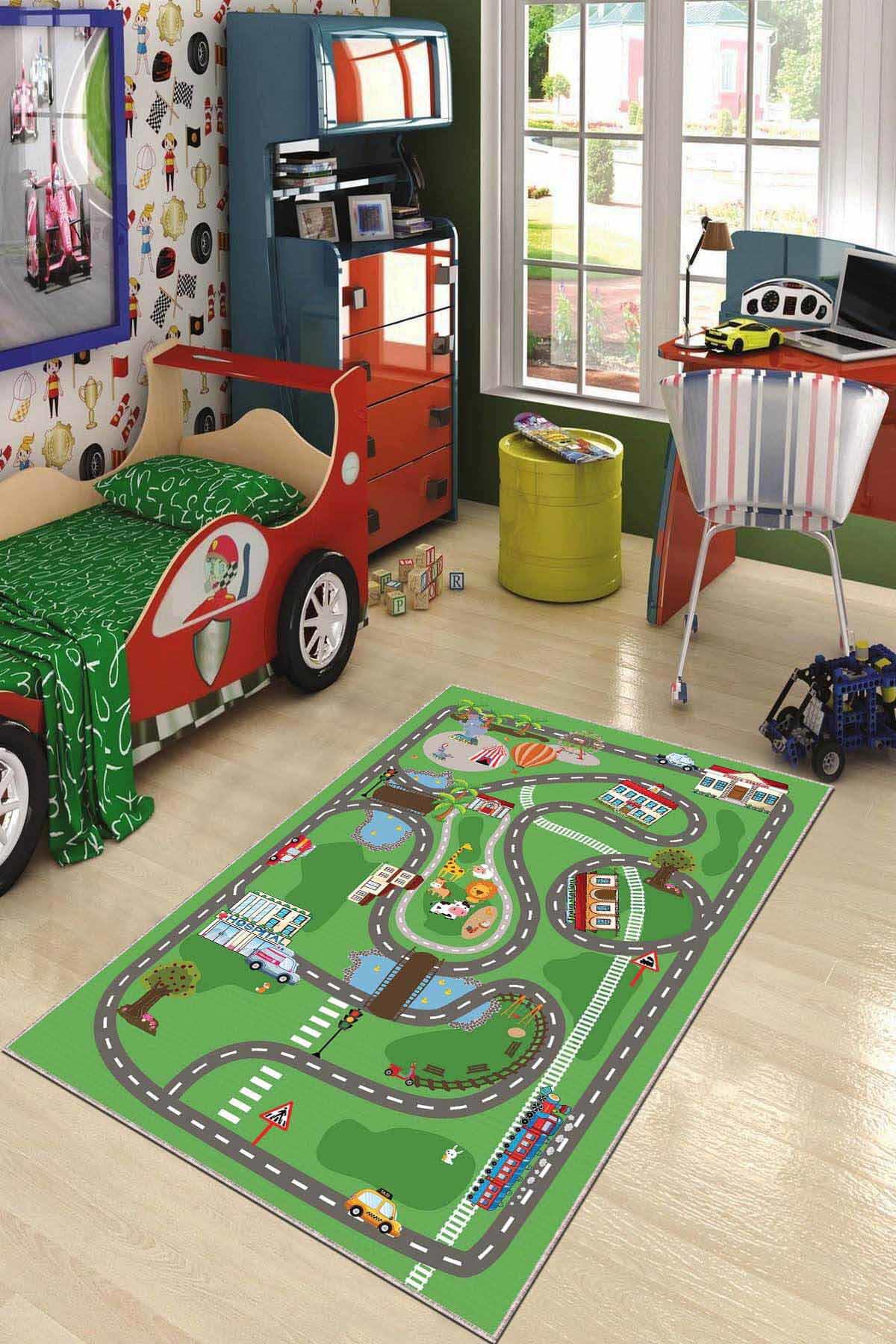 Viva Home AR770 Yeşil 7 mm Mikropolyester Toz Tutmaz Yıkanabilir İnce Kaymaz Taban Dikdörtgen Makine Dokuma Çocuk Odası Halısı 180x280 cm