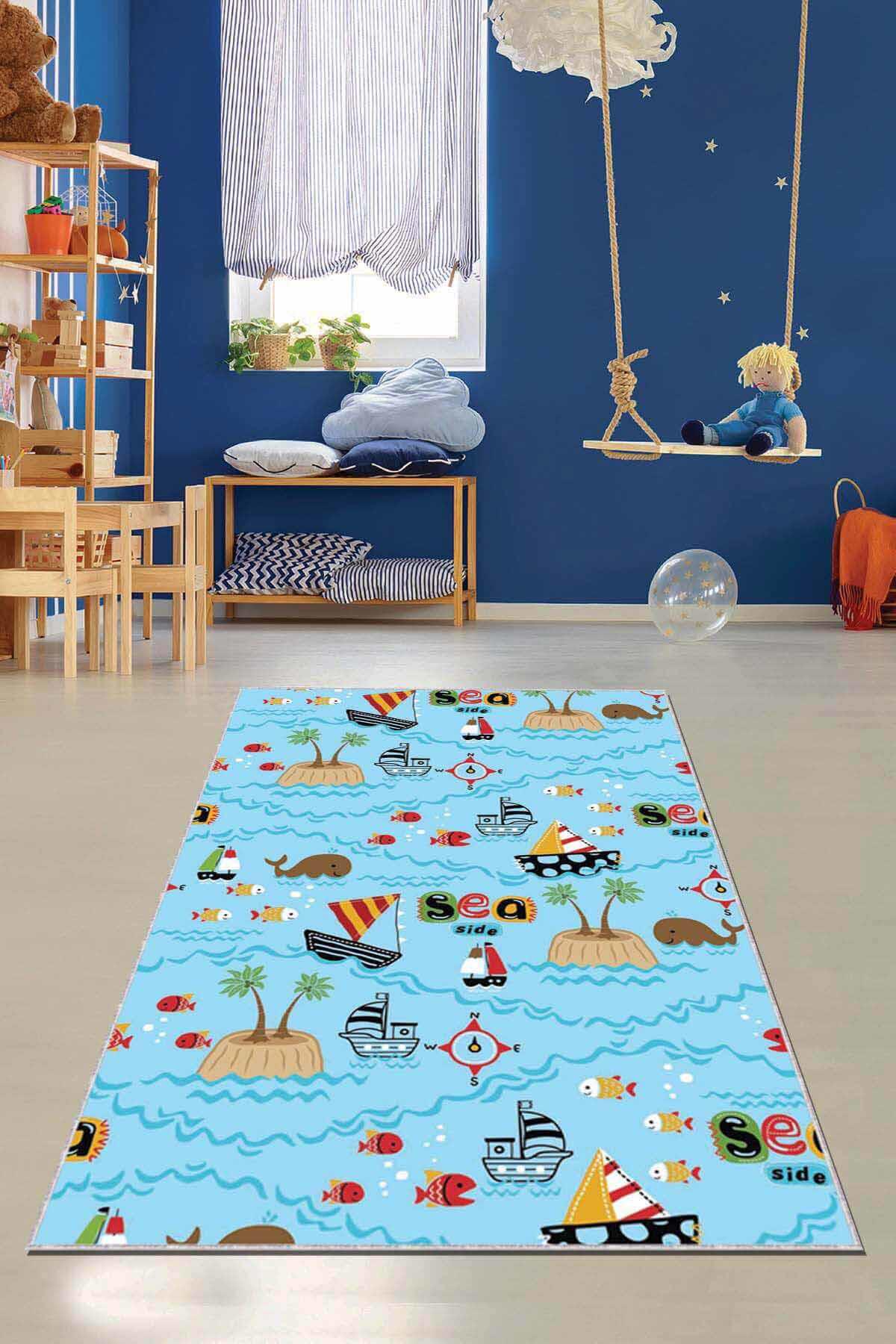 Viva Home AR053 Mavi 7 mm Mikropolyester Leke tutmaz Yıkanabilir İnce Kaymaz Dot Taban Dikdörtgen Makine Dokuma Çocuk Odası Halısı 200x300 cm