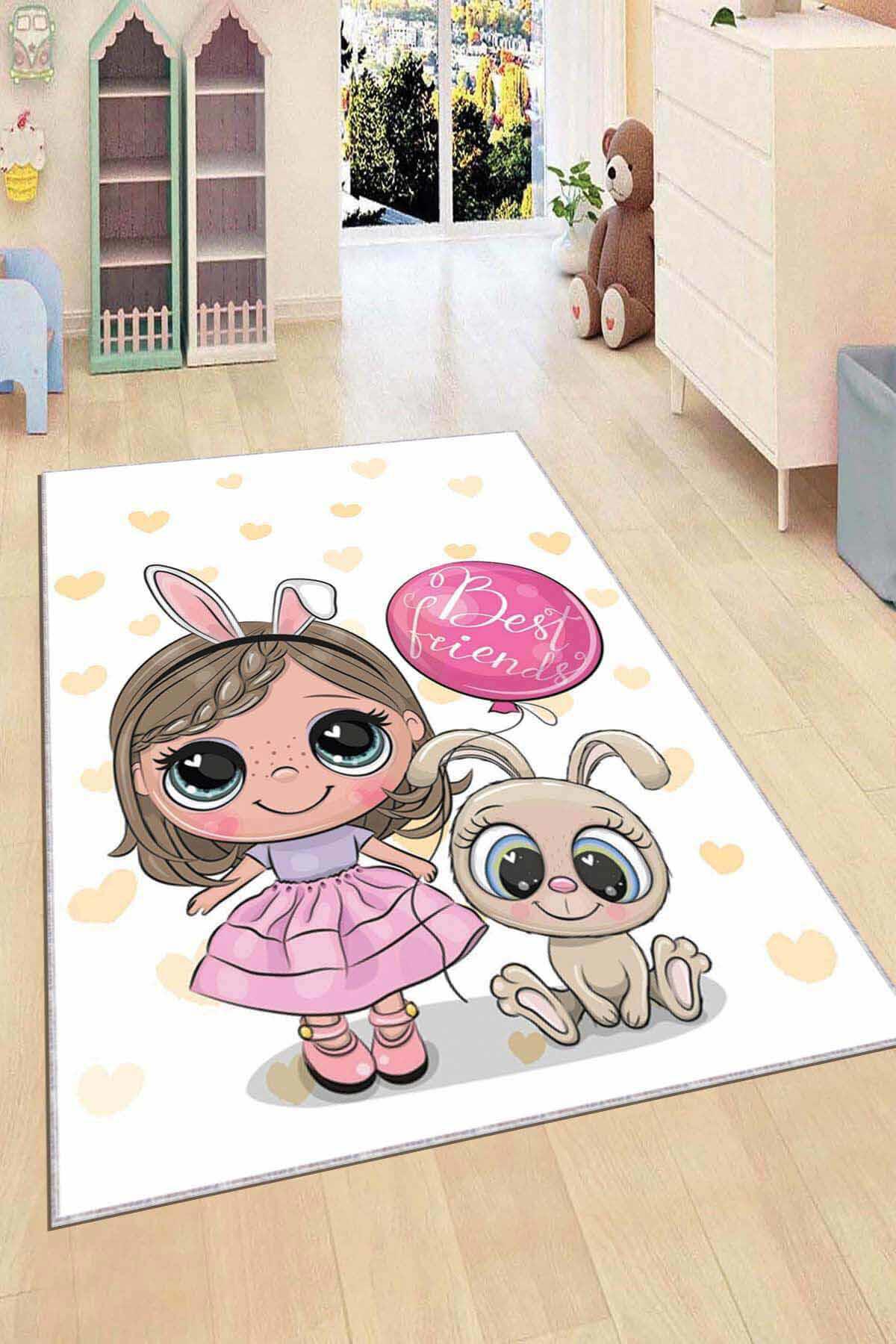 Viva Home AR056 Pembe 7 mm Mikropolyester Leke Tutmaz Yıkanabilir İnce Kaymaz Dot Taban Dikdörtgen Makine Dokuma Çocuk Odası Halısı 180x180 cm