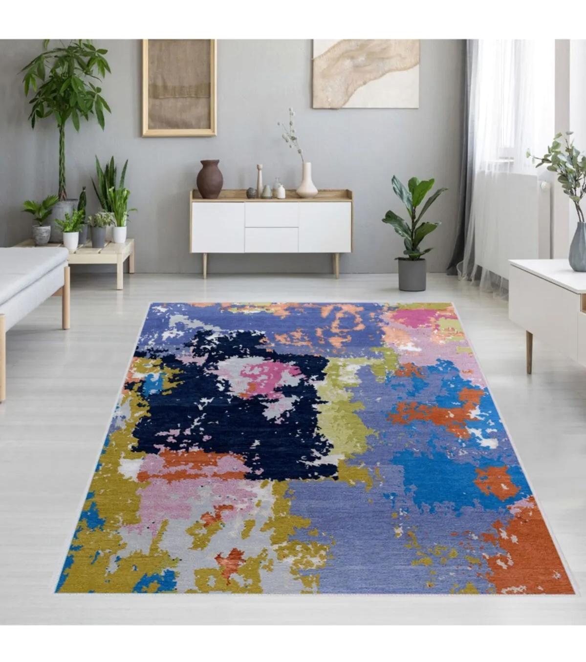 Rovigo Home RVG1080 Çok Renkli 8 mm Polyester Leke Tutmaz-Toz Tutmaz Yıkanabilir İnce Kaymaz Dot Taban Dikdörtgen Makine Dokuma Salon Halısı 150x220 cm