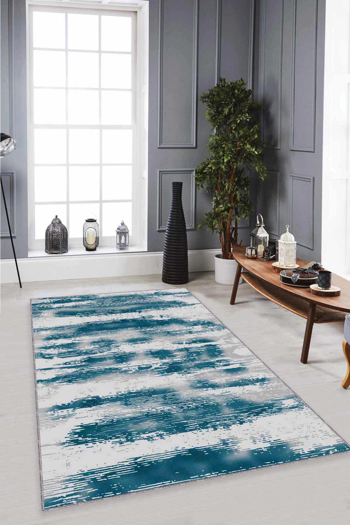 Viva Home MU001 Çok Renkli 7 mm Mikropolyester Leke Tutmaz-Yalıtıma Yardımcı Yıkanabilir İnce Kaymaz Taban Dikdörtgen Makine Dokuma Salon Halısı 240x340 cm