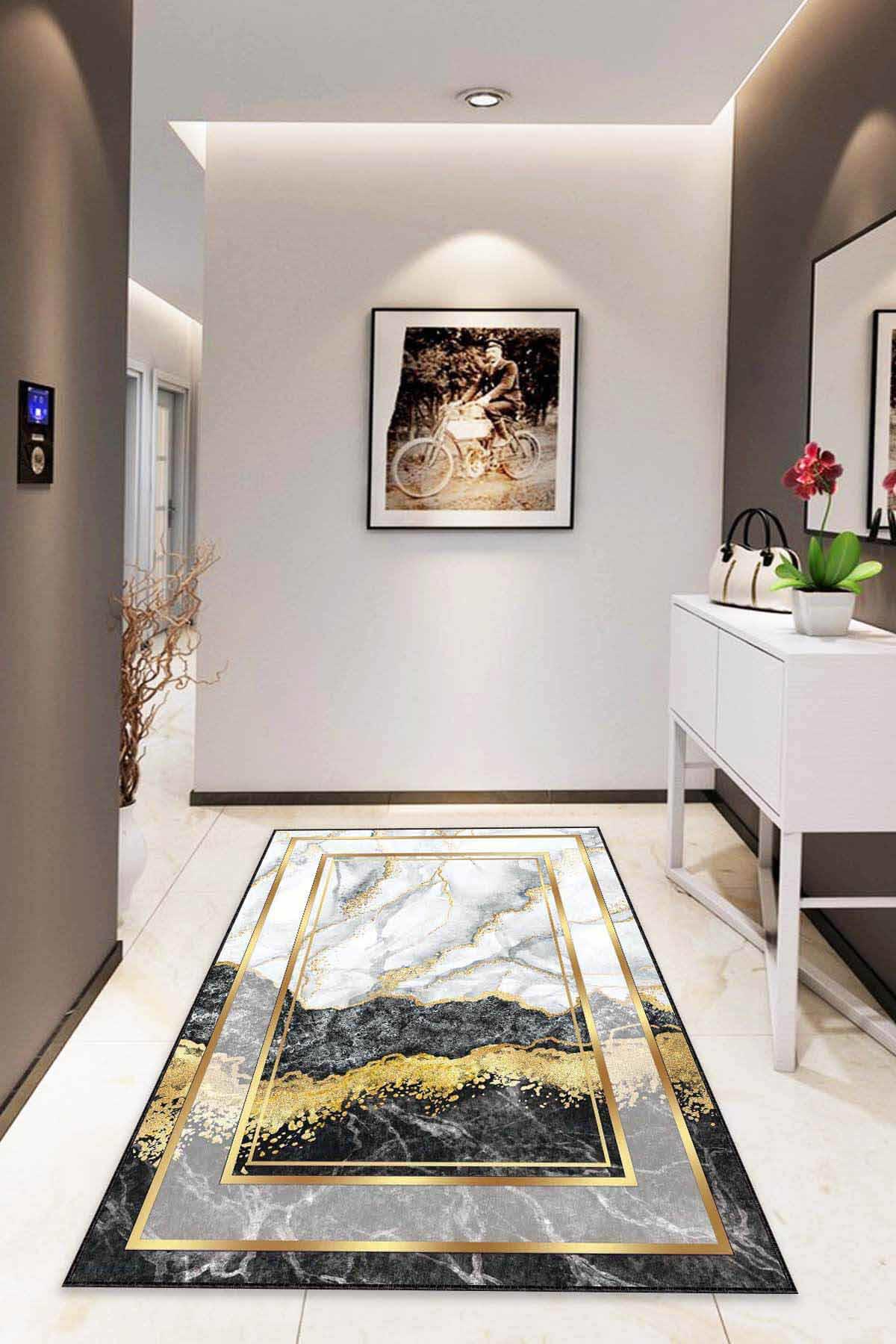 Viva Home AR127 Altın-Siyah 7 mm Mikropolyester Antibakteriyel Yıkanabilir Kalın Kaymaz Lateks Taban Dikdörtgen Makine Dokuma Salon Halısı 120x300 cm