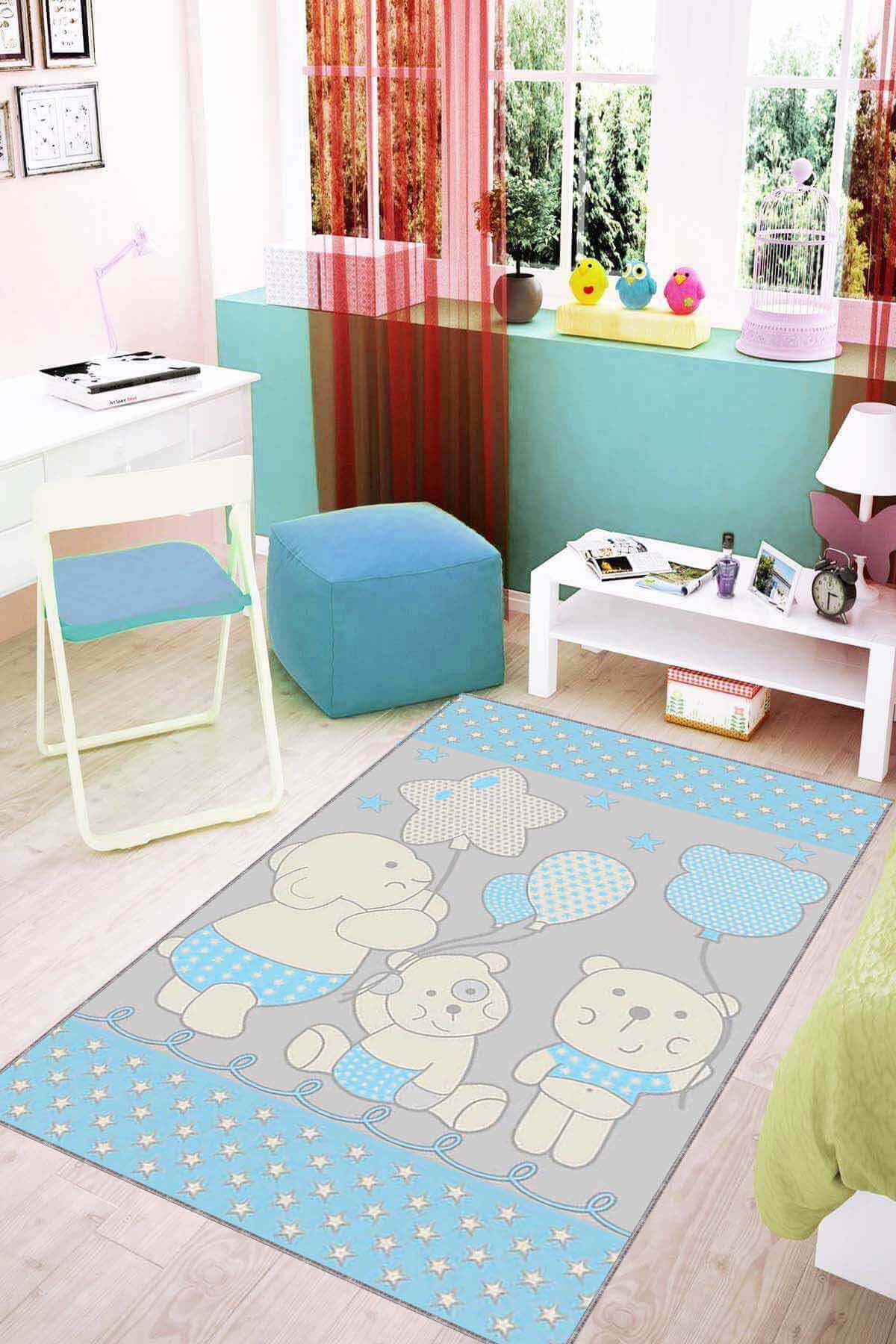 Viva Home KD16 Mavi 7 mm Mikropolyester Leke tutmaz Yıkanabilir İnce Kaymaz Dot Taban Dikdörtgen Makine Dokuma Çocuk Odası Halısı 120x200 cm