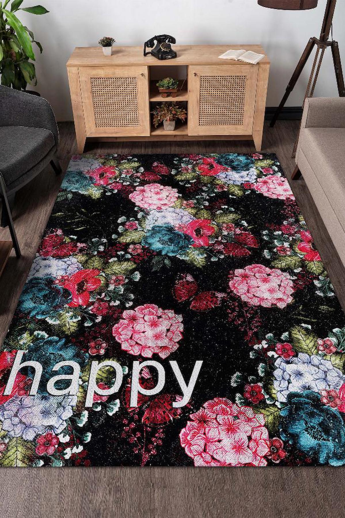 Homshtag Mutlu Krem 4 mm Pamuk Antistatik Yıkanabilir İnce Kaymaz Dikdörtgen Makine Dokuma Salon Halısı 160x230 cm