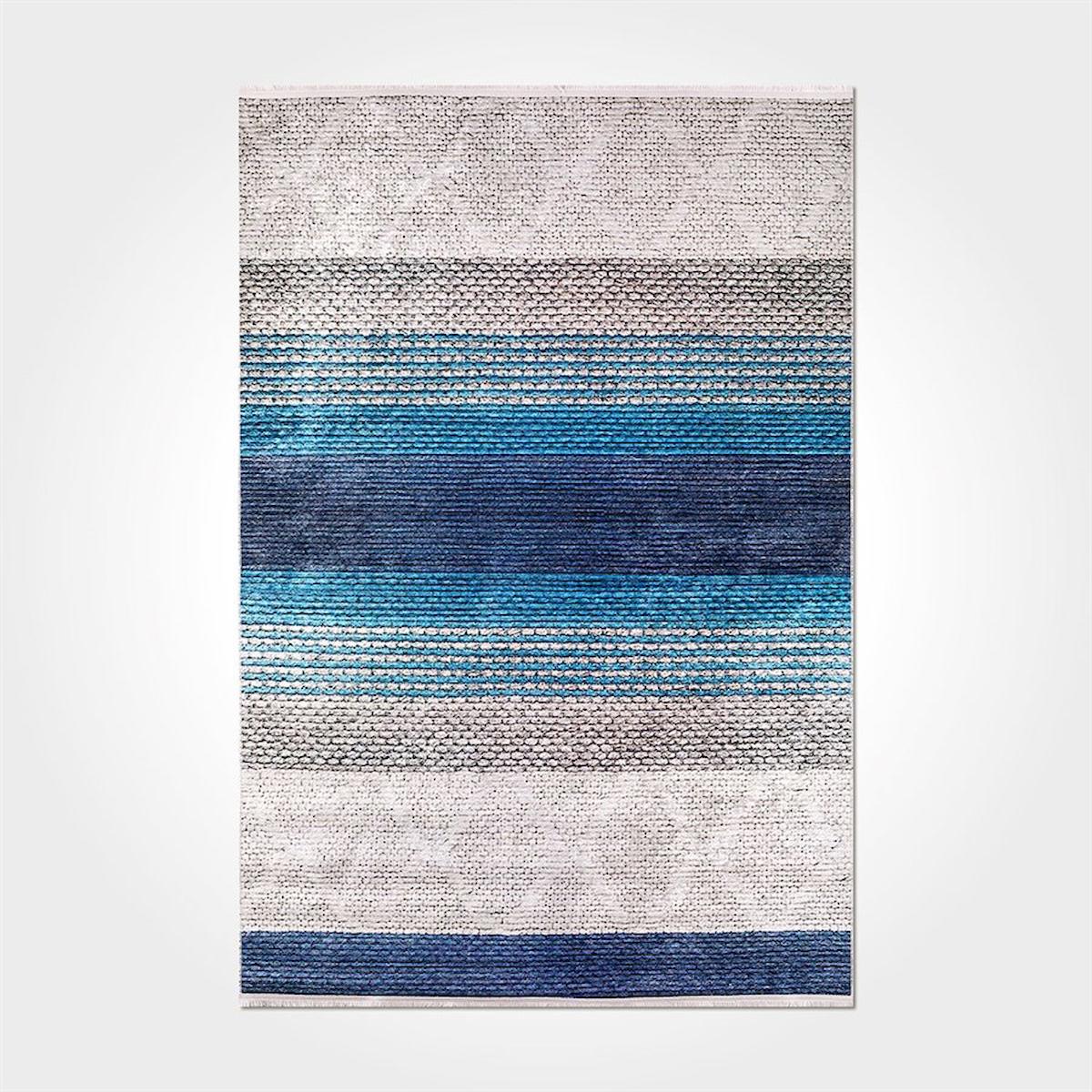 Crea Halı 2103PC Mavi Pamuk-Polyester Yıkanabilir İnce Kaymaz Pamuk Taban Dikdörtgen Makine Dokuma Salon Halısı 100x300 cm