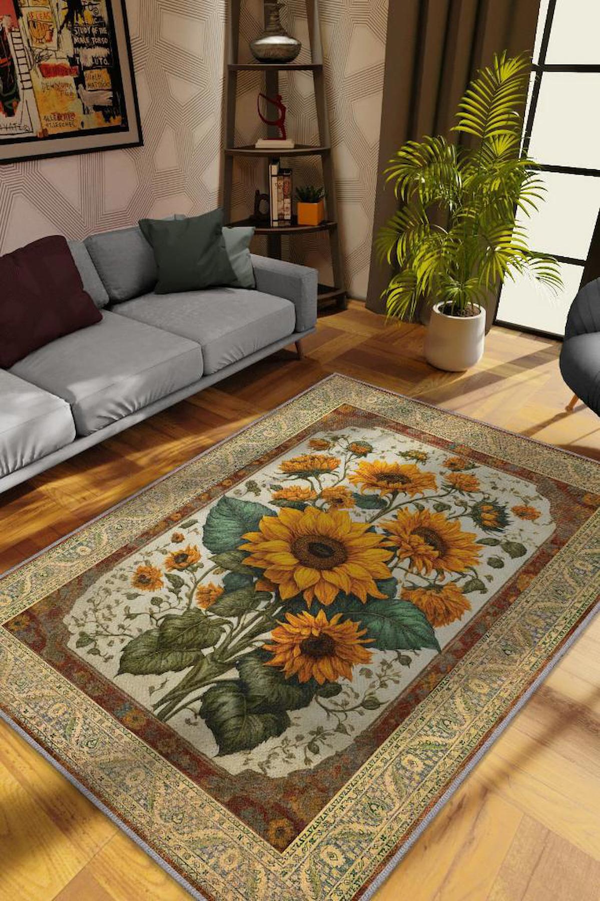Homshtag Ay Çiçeği Krem 4 mm Pamuk Antistatik Yıkanabilir İnce Kaymaz Dikdörtgen Makine Dokuma Salon Halısı 156x230 cm