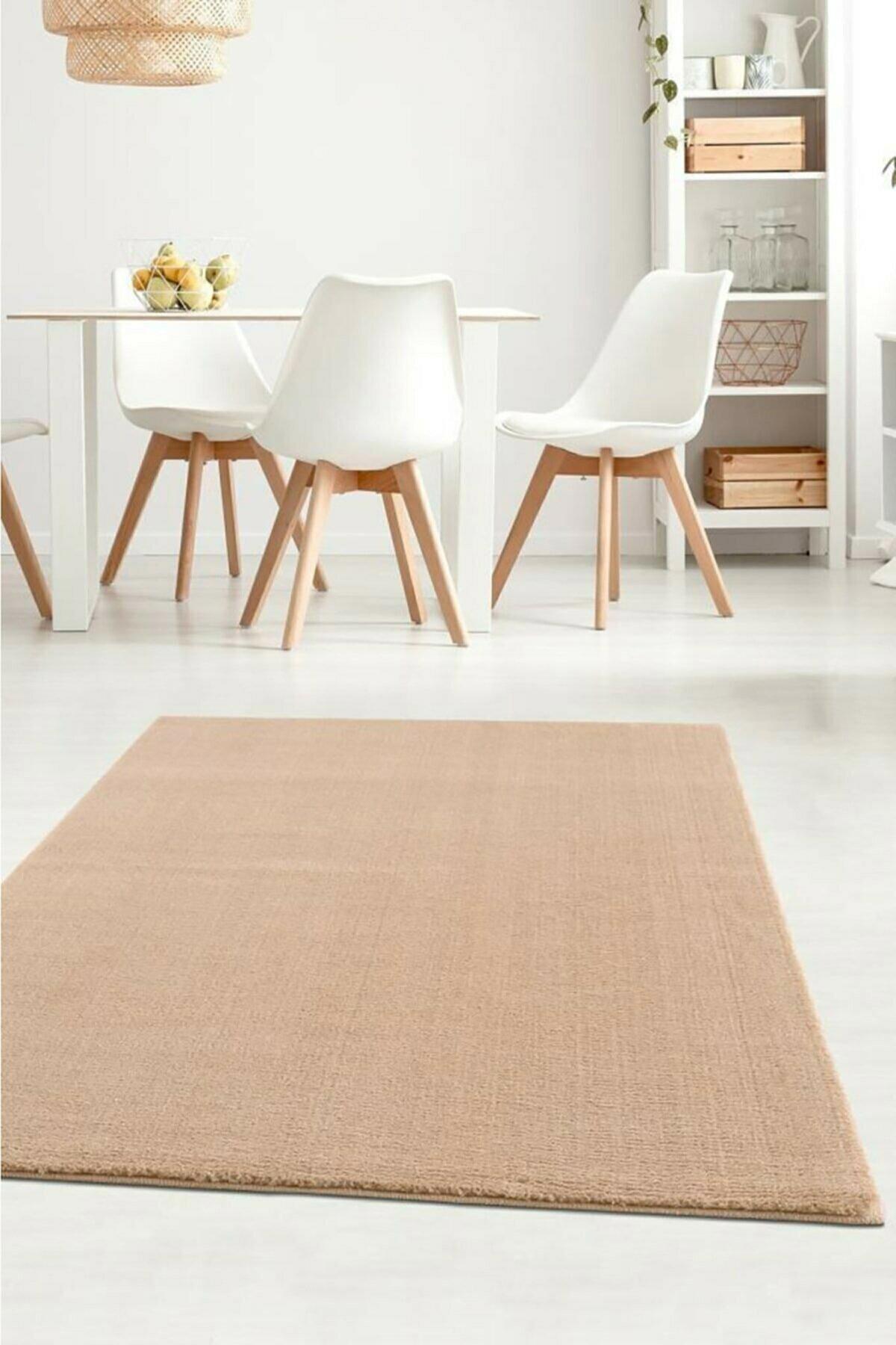 Homefesto Krem 5 mm Polyester Leke Tutmaz Yıkanabilir Kalın Kaymaz Taban Dikdörtgen Makine Dokuma Salon Halısı 120x180 cm