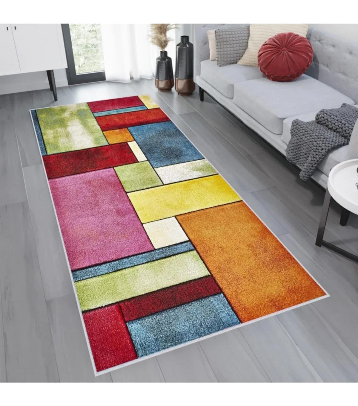 Rovigo Home RVG1086 Çok Renkli 8 mm Polyester Leke Tutmaz-Toz Tutmaz Yıkanabilir İnce Kaymaz Dot Taban Dikdörtgen Makine Dokuma Salon Halısı 80x150 cm