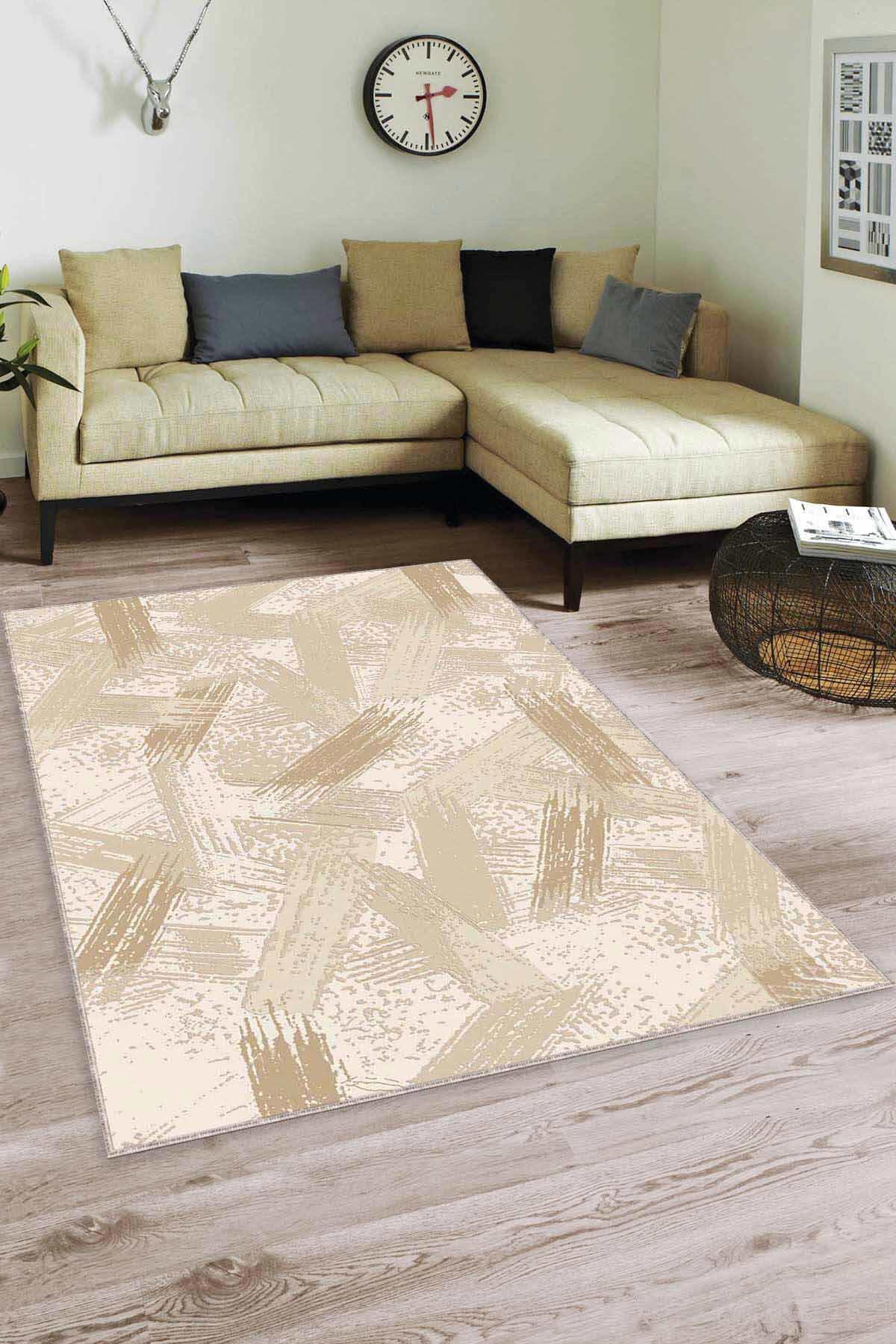 Viva Home FR06 Bej 7 mm Mikropolyester Leke Tutmaz Yıkanabilir İnce Kaymaz Dot Taban Dikdörtgen Makine Dokuma Salon Halısı 160x230 cm