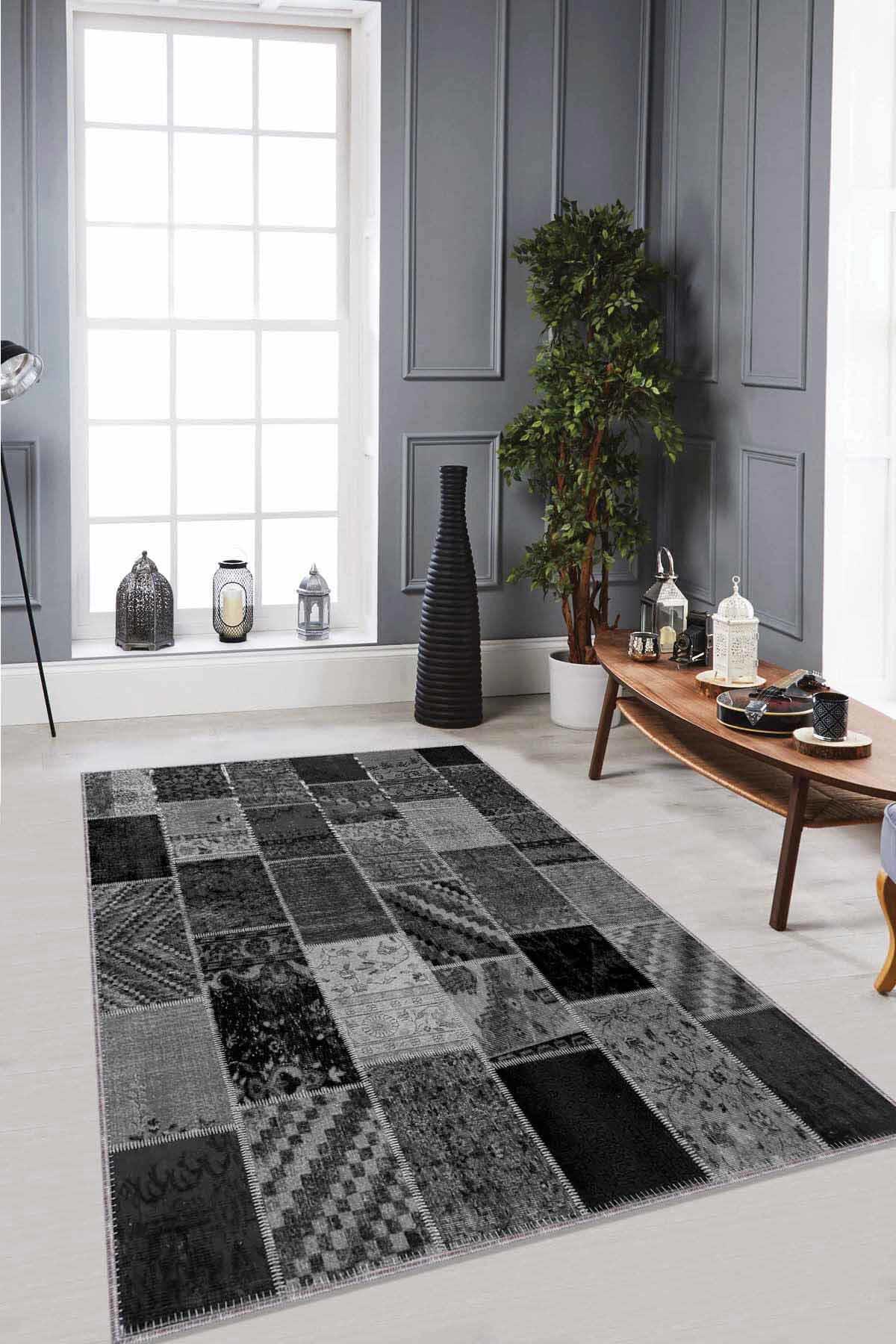 Viva Home RV222 Gri 7 mm Mikropolyester Toz Tutmaz Yıkanabilir İnce Kaymaz Dot Taban Dikdörtgen Makine Dokuma Salon Halısı 100x700 cm