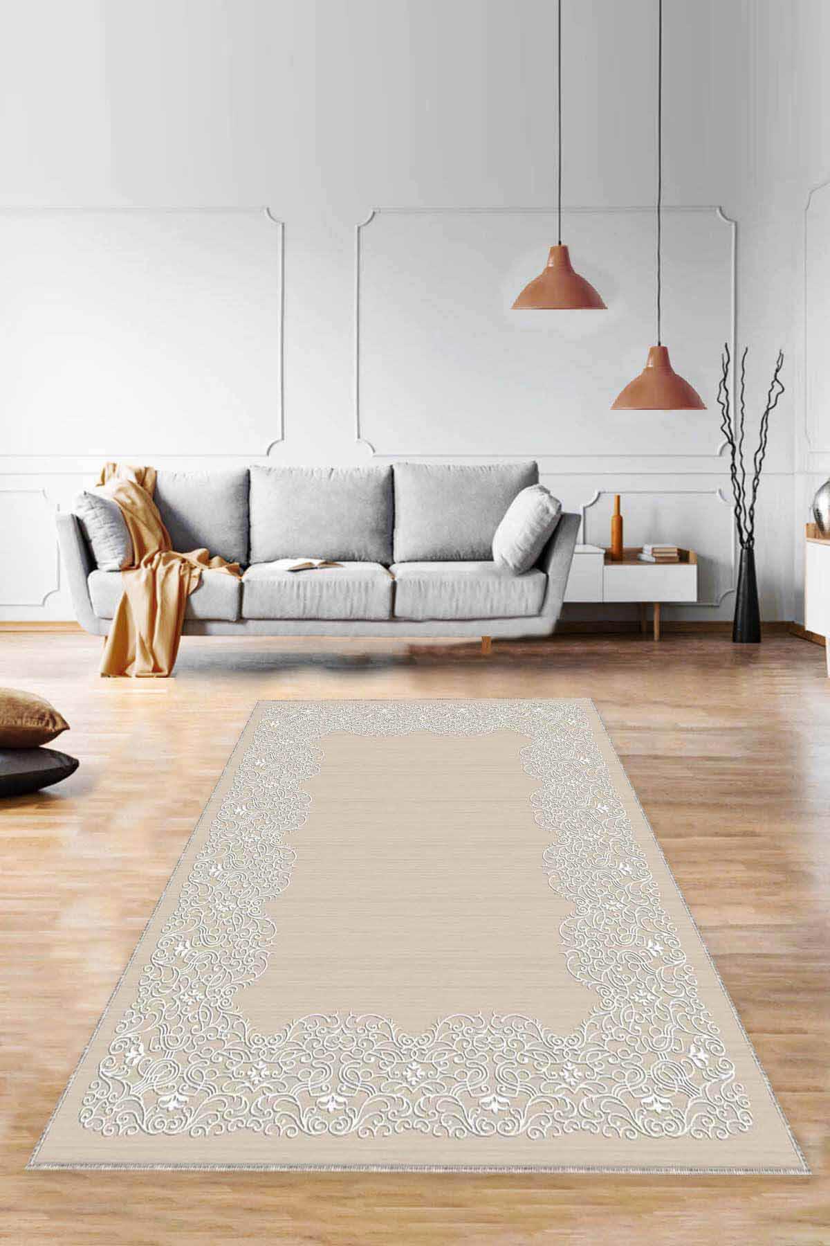 Viva Home MK55 Bej 7 mm Mikropolyester Yıkanabilir İnce Kaymaz Jüt Taban Dikdörtgen Makine Dokuma Salon Halısı 160x230 cm