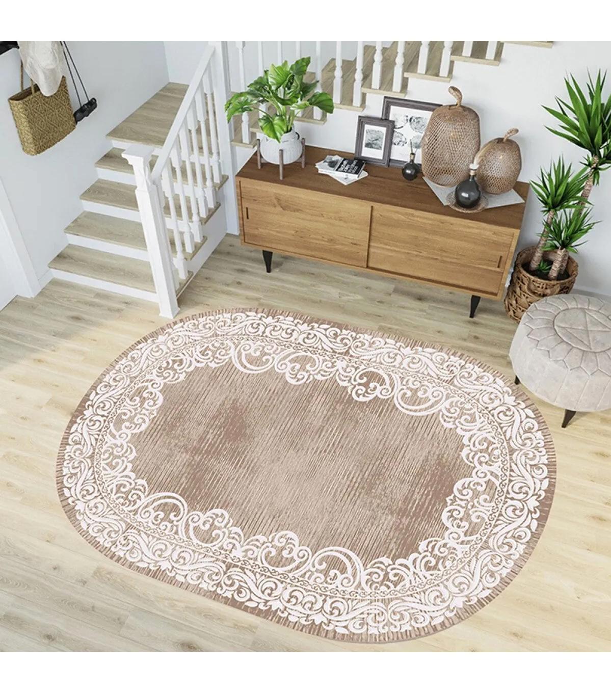 Rovigo Home RVG7186-HK104 Kahverengi 8 mm Polyester Yıkanabilir Orta Kaymaz Dot Taban Dikdörtgen Makine Dokuma Salon Halısı 160x230 cm