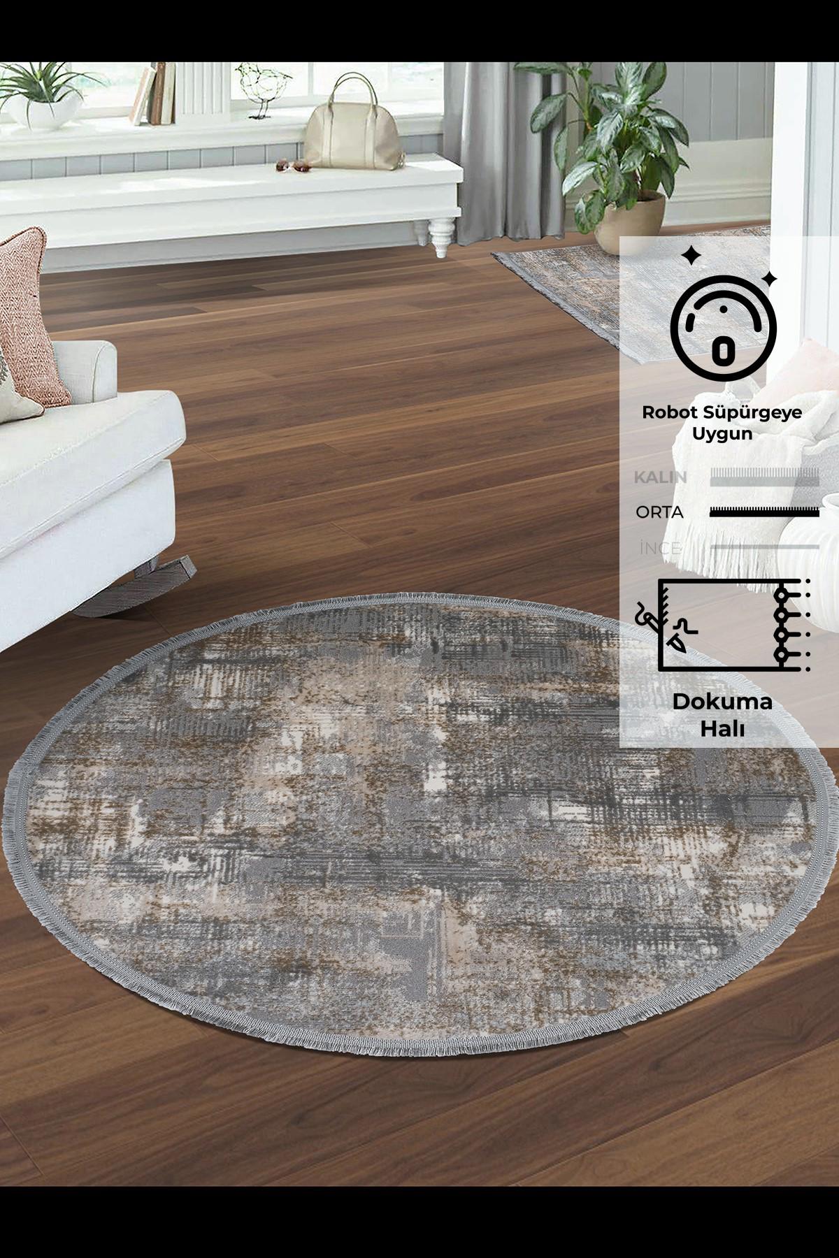Konfor Halı Notta 1107 Gri 7 mm Polyester Yıkanabilir Yuvarlak Makine Dokuma Salon Halısı 80x120 cm