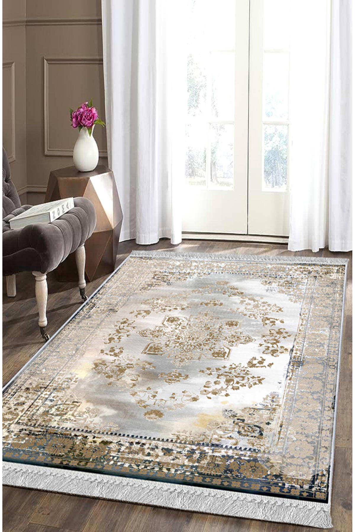 Artizon ART099 Bej 0.8 mm Polyester Toz Tutmaz Yıkanabilir İnce Kaymaz Dot Taban Dikdörtgen Makine Dokuma Salon Halısı 250x350 cm