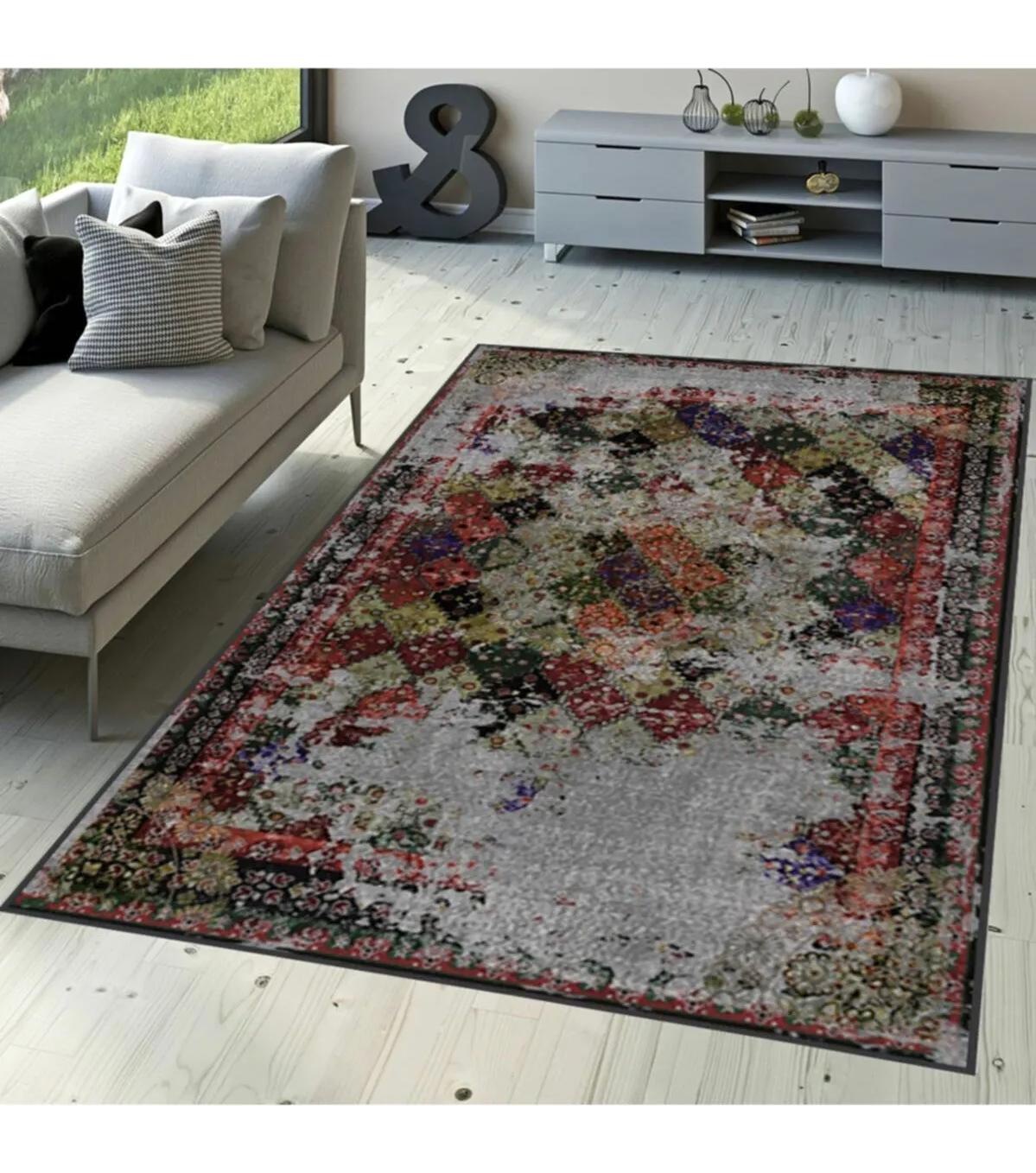 Rovigo Home RVG1639-HY1204 Çok Renkli 8 mm Polyester Leke Tutmaz-Toz Tutmaz Yıkanabilir İnce Kaymaz Dot Taban Dikdörtgen Makine Dokuma Salon Halısı 100x150 cm