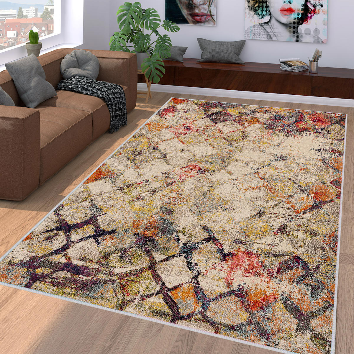 Rovigo Home RVG1107 Krem 8 mm Polyester Leke Tutmaz-Toz Tutmaz Yıkanabilir İnce Kaymaz Dot Taban Dikdörtgen Makine Dokuma Salon Halısı 80x150 cm