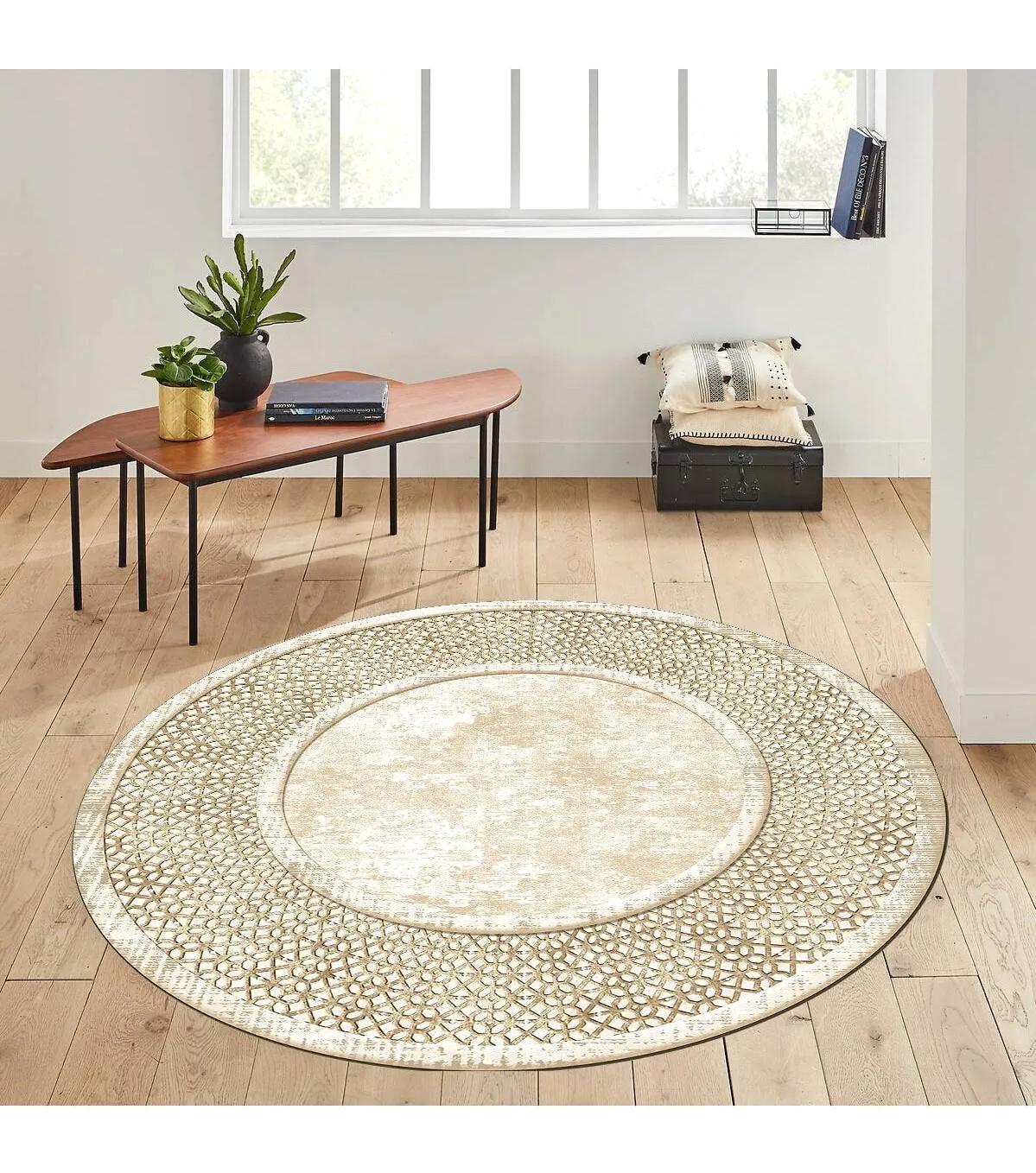 Rovigo Home RVG7288-SD753 Krem 8 mm Polyester Antibakteriyel-Leke Tutmaz-Toz Tutmaz Yıkanabilir İnce Kaymaz Dot Taban Yuvarlak Makine Dokuma Salon Halısı 120x160 cm