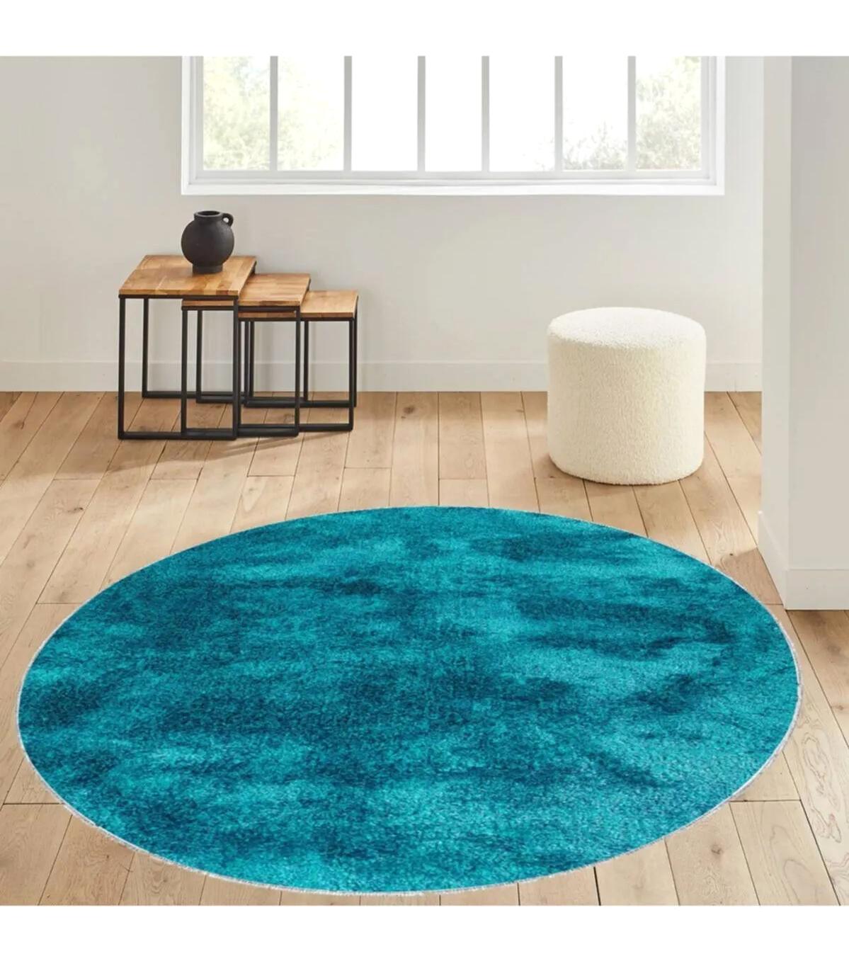 Rovigo Home RVG7089 Turkuaz 8 mm Polyester Antibakteriyel-Leke Tutmaz-Toz Tutmaz Yıkanabilir İnce Kaymaz Dot Taban Yuvarlak Makine Dokuma Salon Halısı 120x200 cm