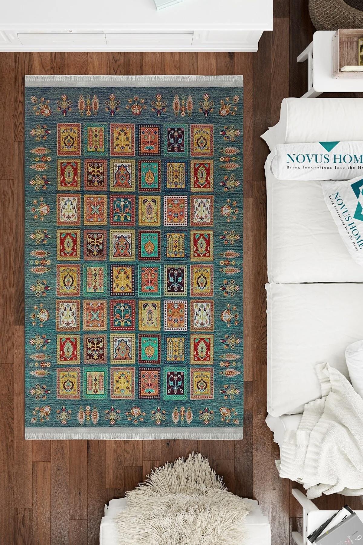 Novus Home Cotton Serisi Çok Renkli 5 mm Pamuk Antibakteriyel-Toz Tutmaz-Yalıtıma Yardımcı Yıkanabilir İnce Kaymaz Taban Dikdörtgen Makine Dokuma Antre-Salon-Yatak Odası Halısı 200x290 cm