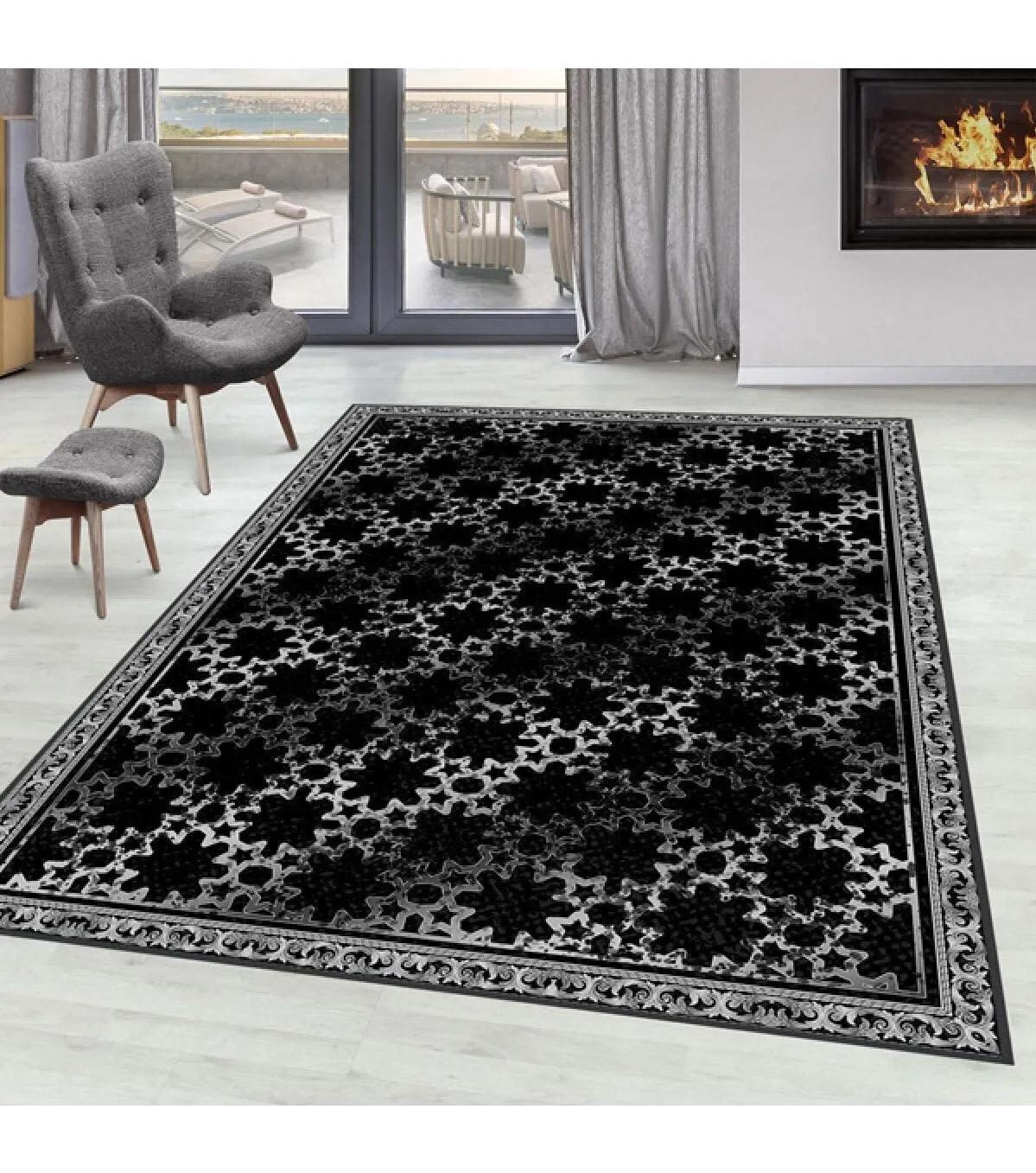 Rovigo Home RVG0105-SD1113 Gri-Siyah 8 mm Polyester Yıkanabilir Orta Kaymaz Dot Taban Dikdörtgen Makine Dokuma Salon Halısı 180x180 cm