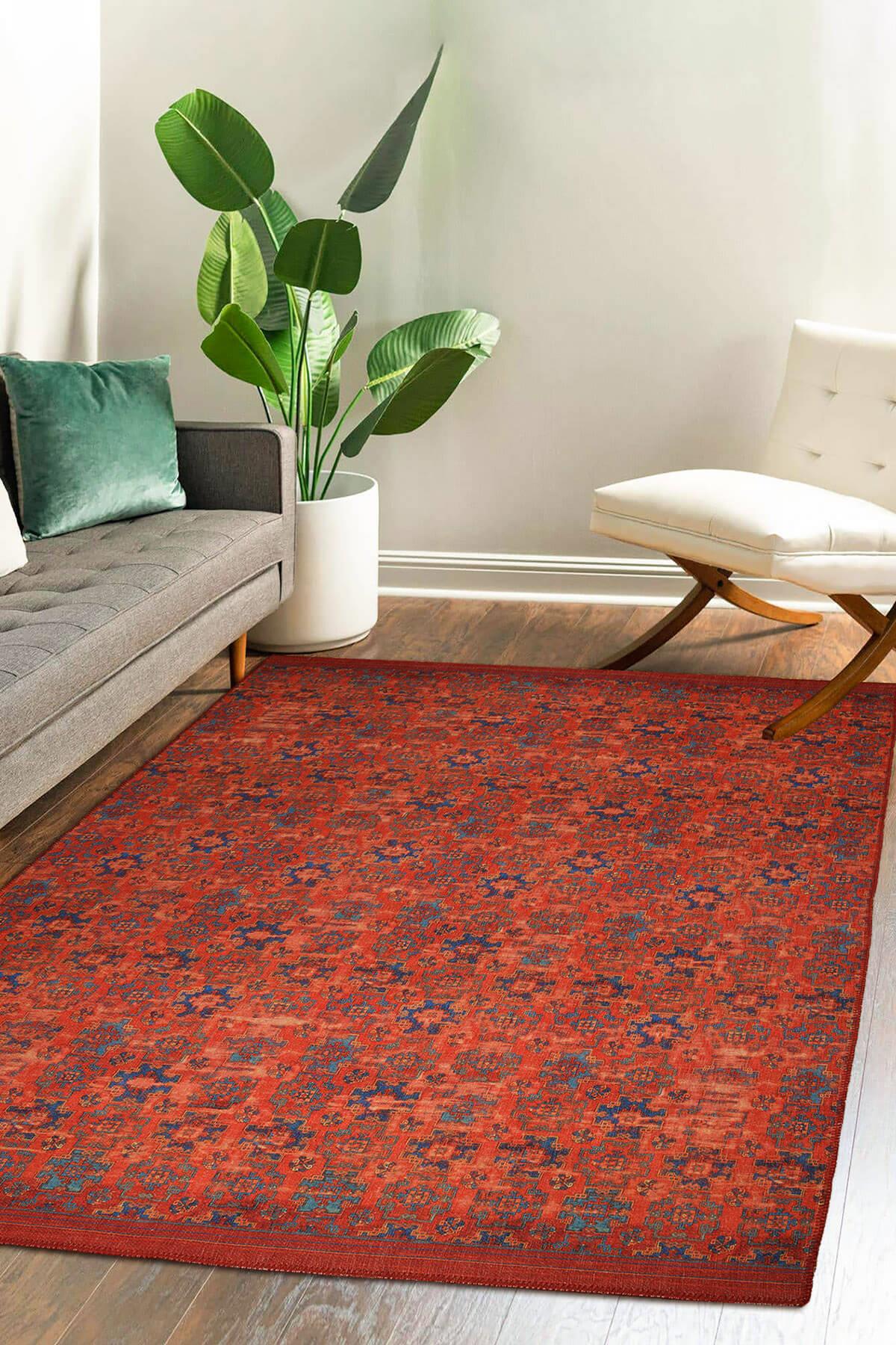 Artloop AL-227 Kırmızı 4 mm Polyester Yıkanabilir İnce Kaymaz Jüt Taban Dikdörtgen Makine Dokuma Salon Halısı 160x230 cm