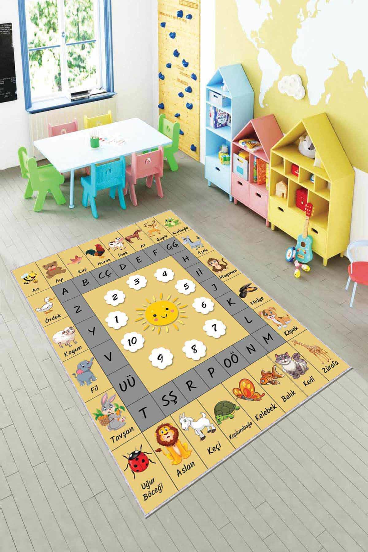 Viva Home AR073 Çok Renkli 7 mm Mikropolyester Antibakteriyel Yıkanabilir İnce Kaymaz Dikdörtgen Makine Dokuma Çocuk Odası Halısı 160x160 cm
