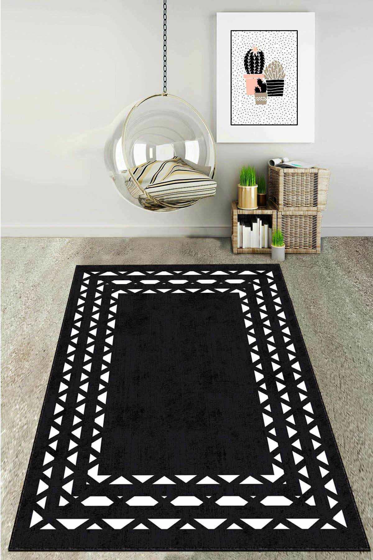 Viva Home AR932 Siyah 7 mm Mikropolyester Antibakteriyel Yıkanabilir Kalın Kaymaz Lateks Taban Dikdörtgen Makine Dokuma Salon Halısı 100x200 cm