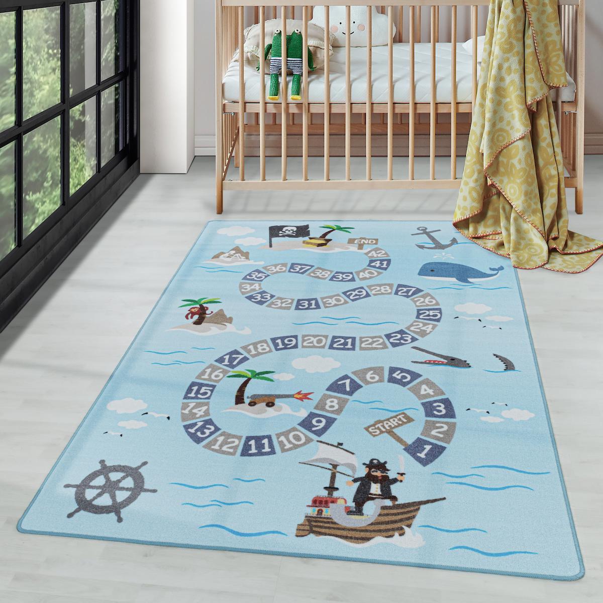 Wide Shop Mavi 6 mm Polipropilen Yıkanabilir Dikdörtgen Makine Dokuma Çocuk Odası Halısı 120x200 cm